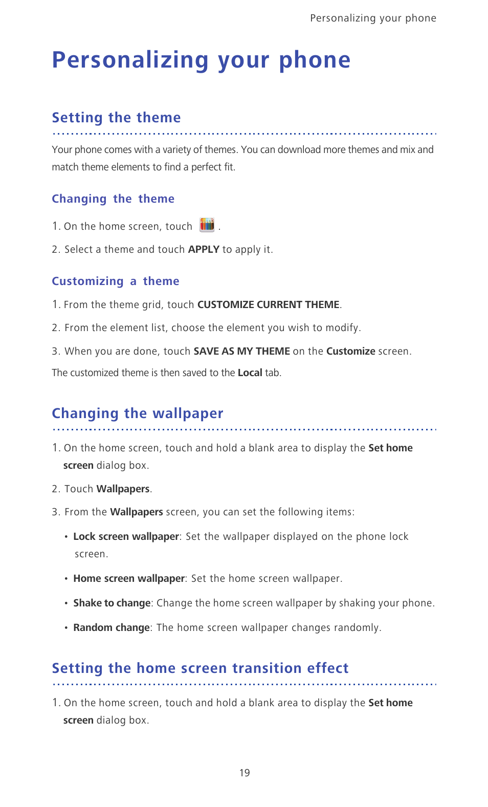 Personalizing your phone, Setting the theme, Changing the theme | Customizing a theme, Changing the wallpaper, Setting the home screen transition effect | Huawei Ascend Mate MT1-U06 User Guide User Manual | Page 24 / 105