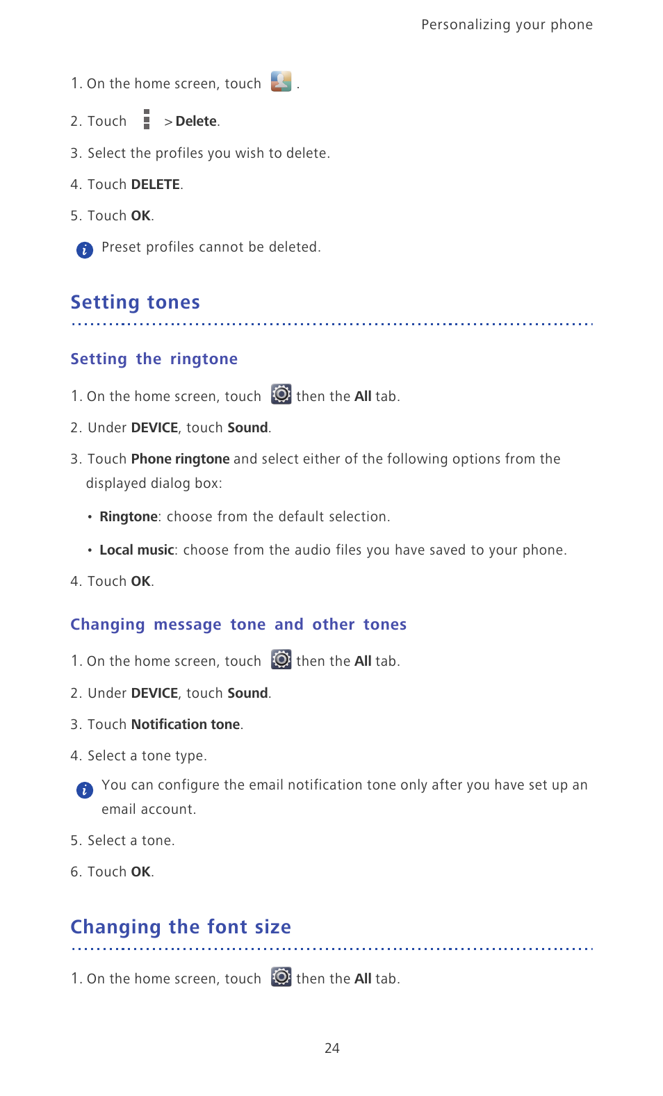 Setting tones, Setting the ringtone, Changing message tone and other tones | Changing the font size | Huawei Ascend Mate MT1-U06 User Guide User Manual | Page 29 / 105