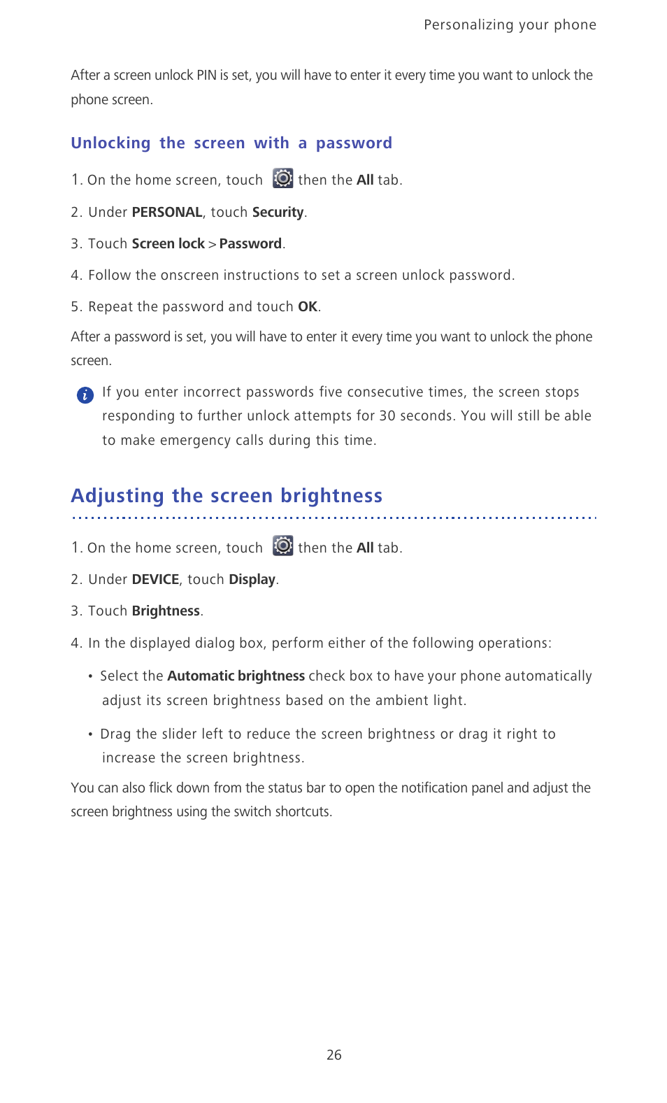 Unlocking the screen with a password, Adjusting the screen brightness | Huawei Ascend Mate MT1-U06 User Guide User Manual | Page 31 / 105