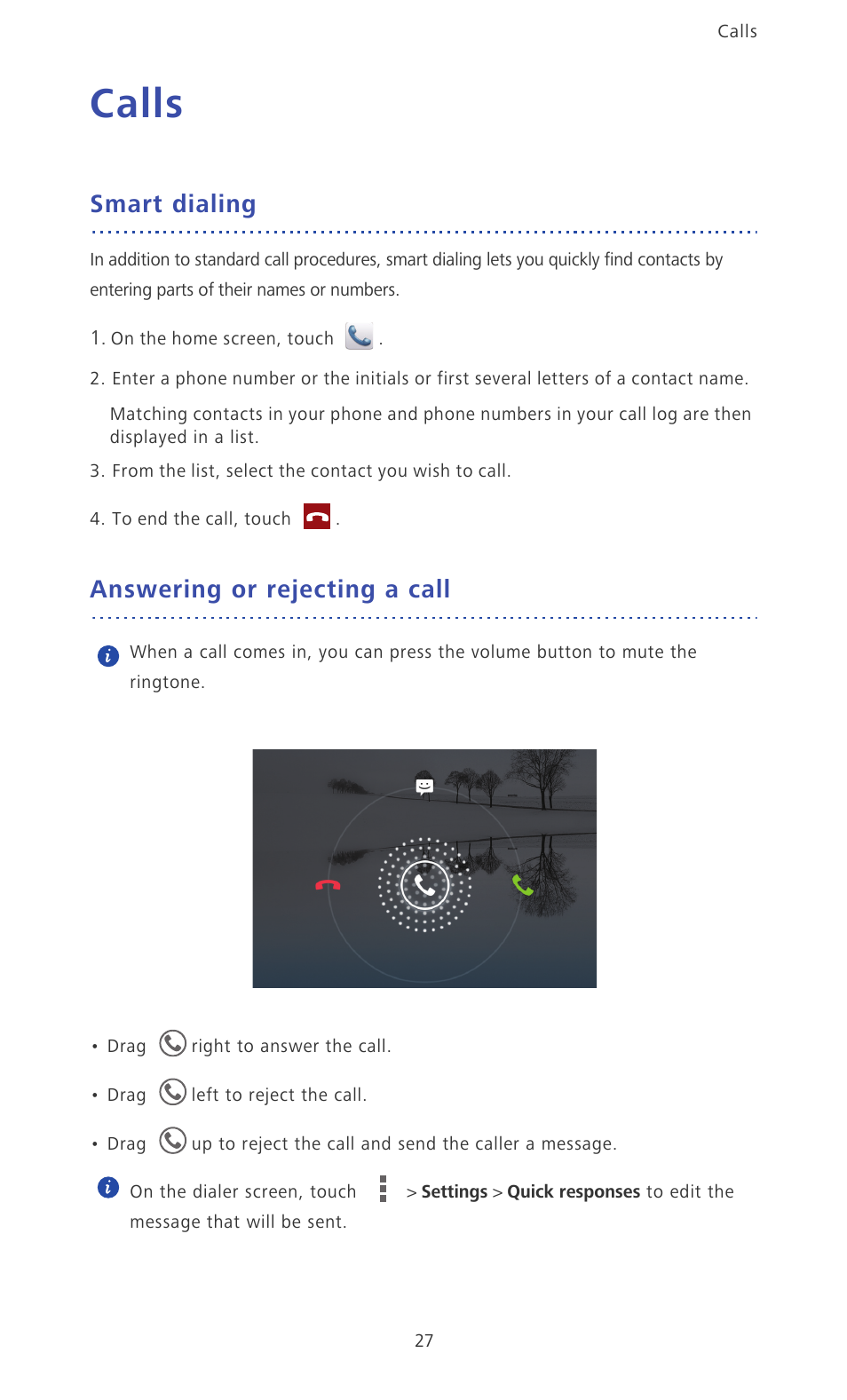 Calls, Smart dialing, Answering or rejecting a call | Huawei Ascend Mate MT1-U06 User Guide User Manual | Page 32 / 105