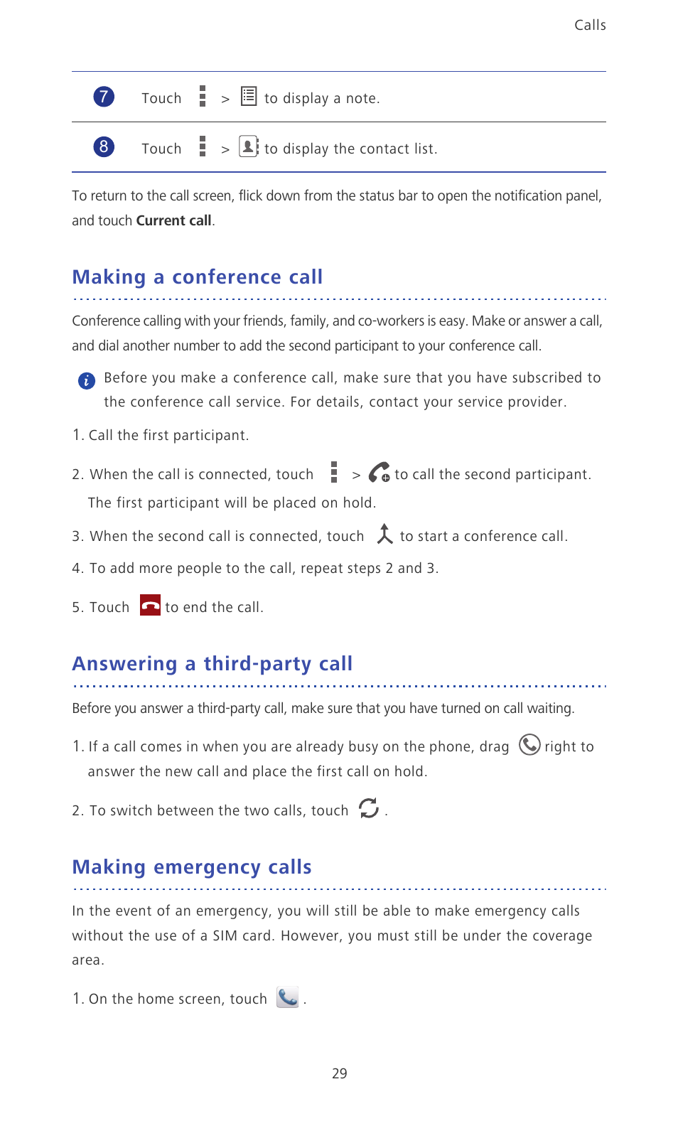 Making a conference call, Answering a third-party call, Making emergency calls | Huawei Ascend Mate MT1-U06 User Guide User Manual | Page 34 / 105