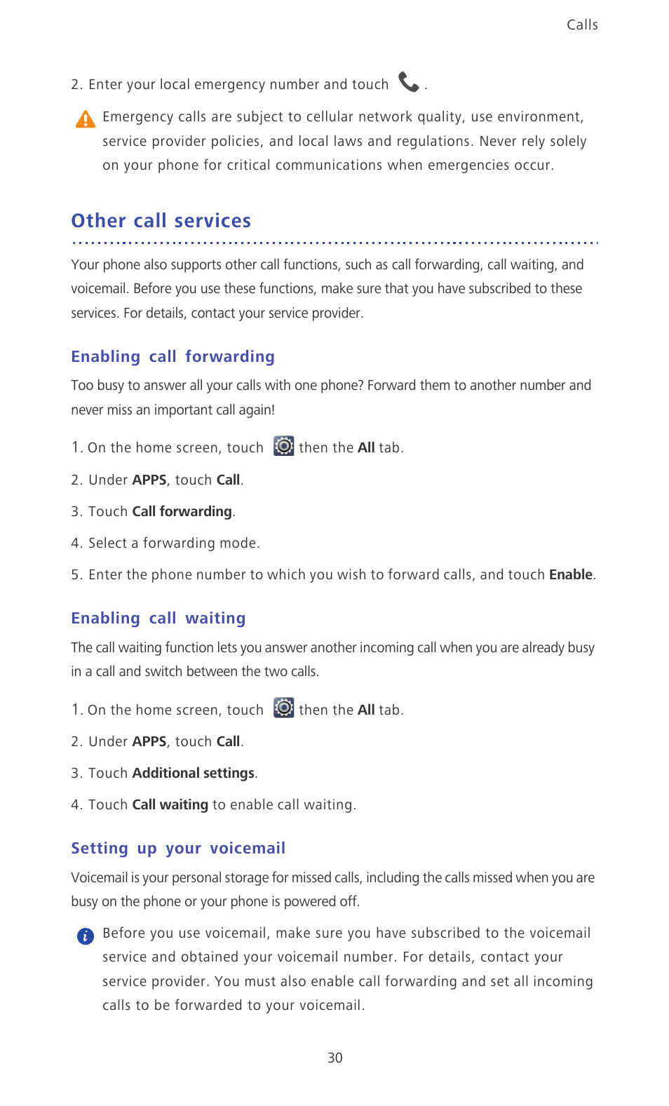 Other call services, Enabling call forwarding, Enabling call waiting | Setting up your voicemail | Huawei Ascend Mate MT1-U06 User Guide User Manual | Page 35 / 105