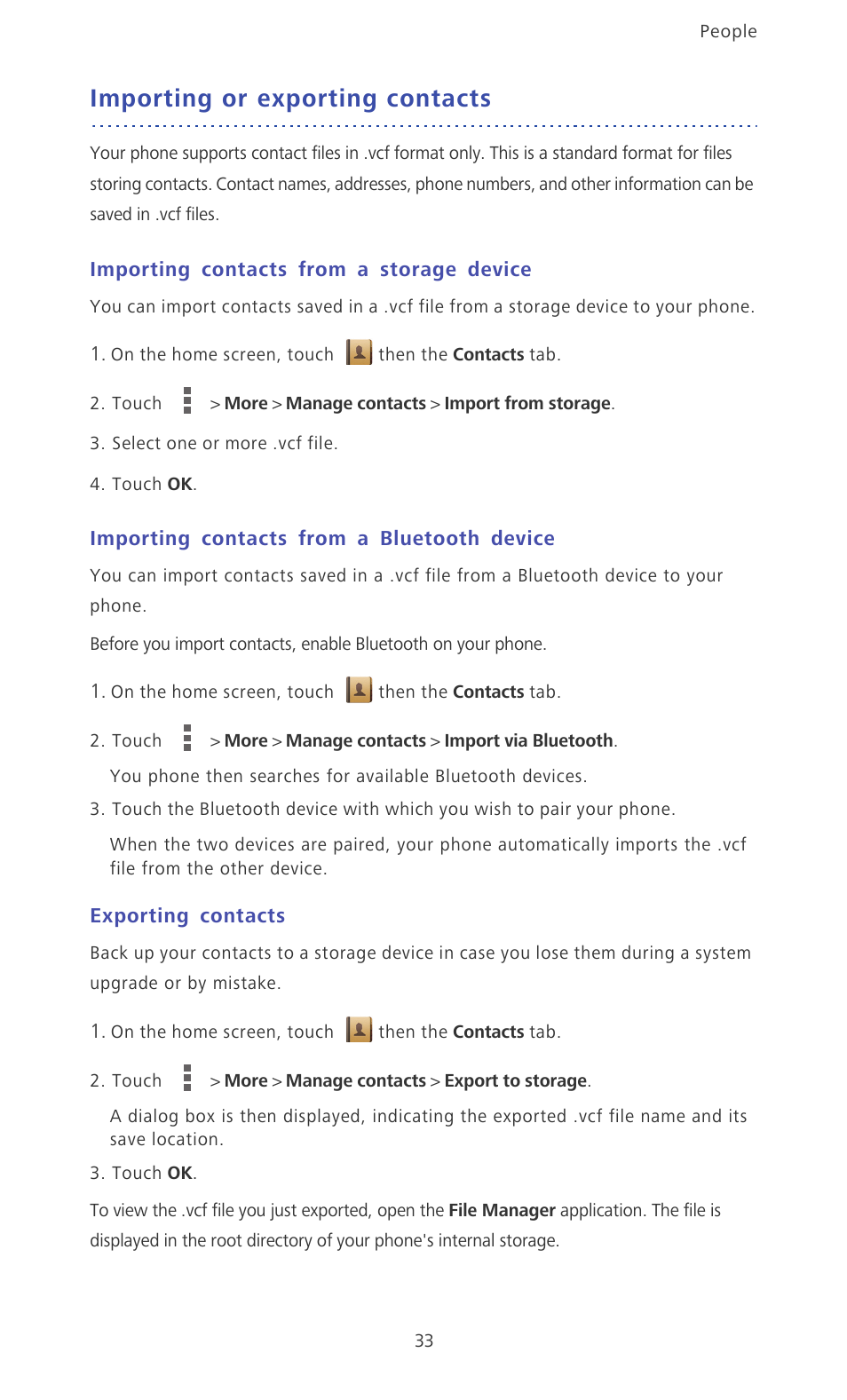 Importing or exporting contacts, Importing contacts from a storage device, Importing contacts from a bluetooth device | Exporting contacts | Huawei Ascend Mate MT1-U06 User Guide User Manual | Page 38 / 105