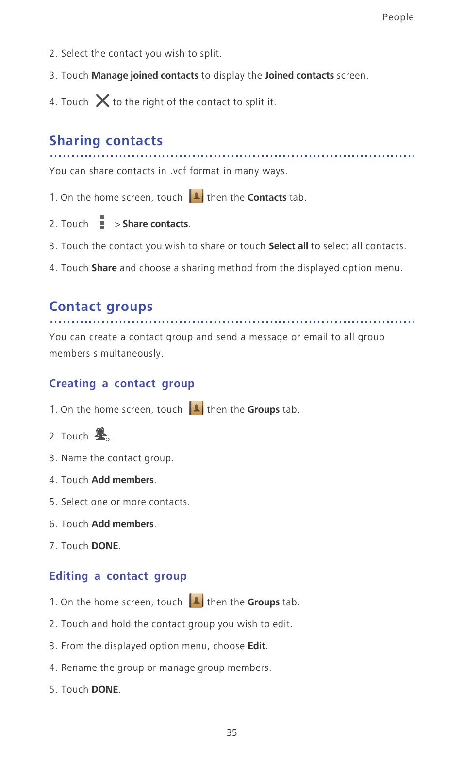 Sharing contacts, Contact groups, Creating a contact group | Editing a contact group | Huawei Ascend Mate MT1-U06 User Guide User Manual | Page 40 / 105