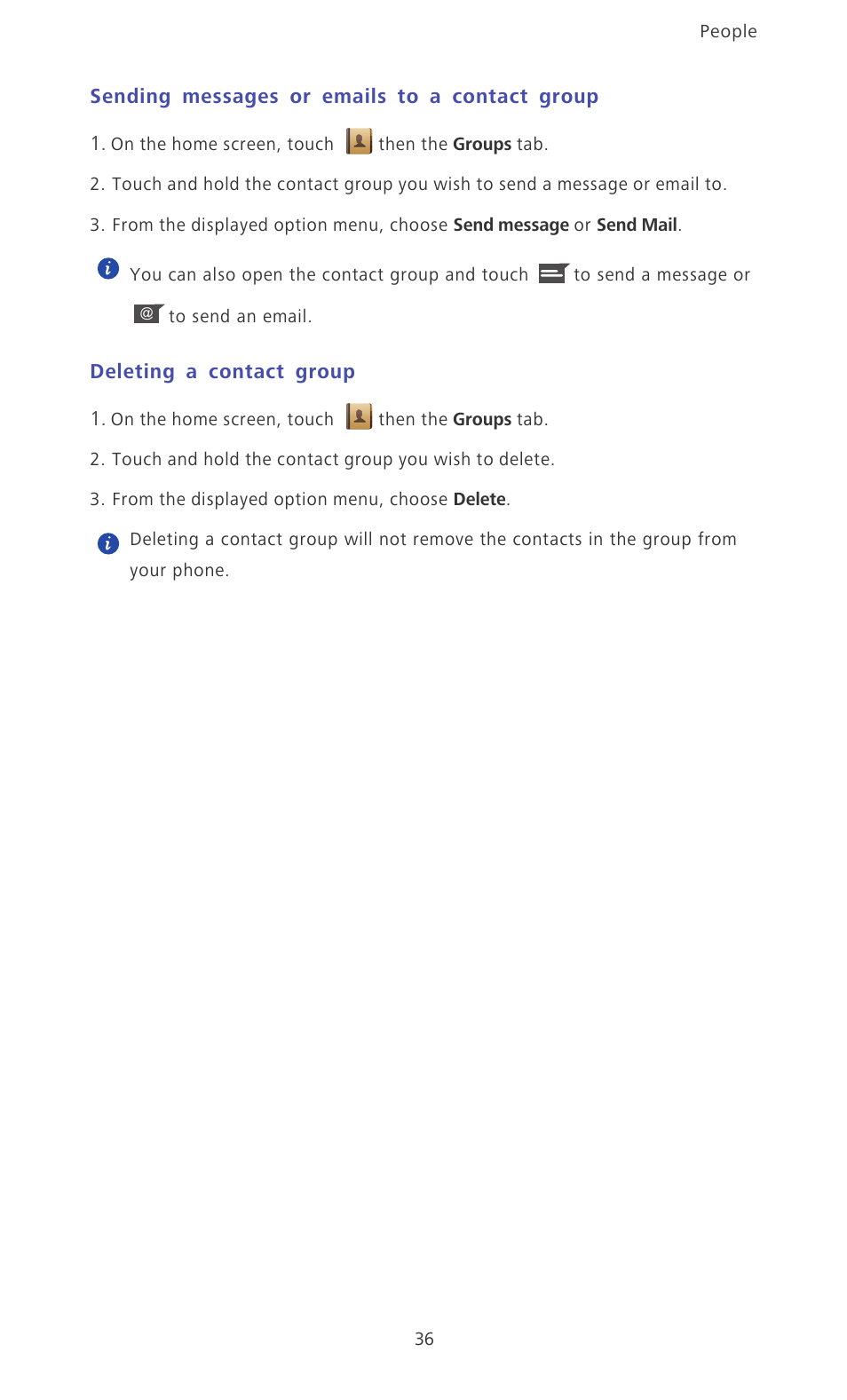 Sending messages or emails to a contact group, Deleting a contact group | Huawei Ascend Mate MT1-U06 User Guide User Manual | Page 41 / 105