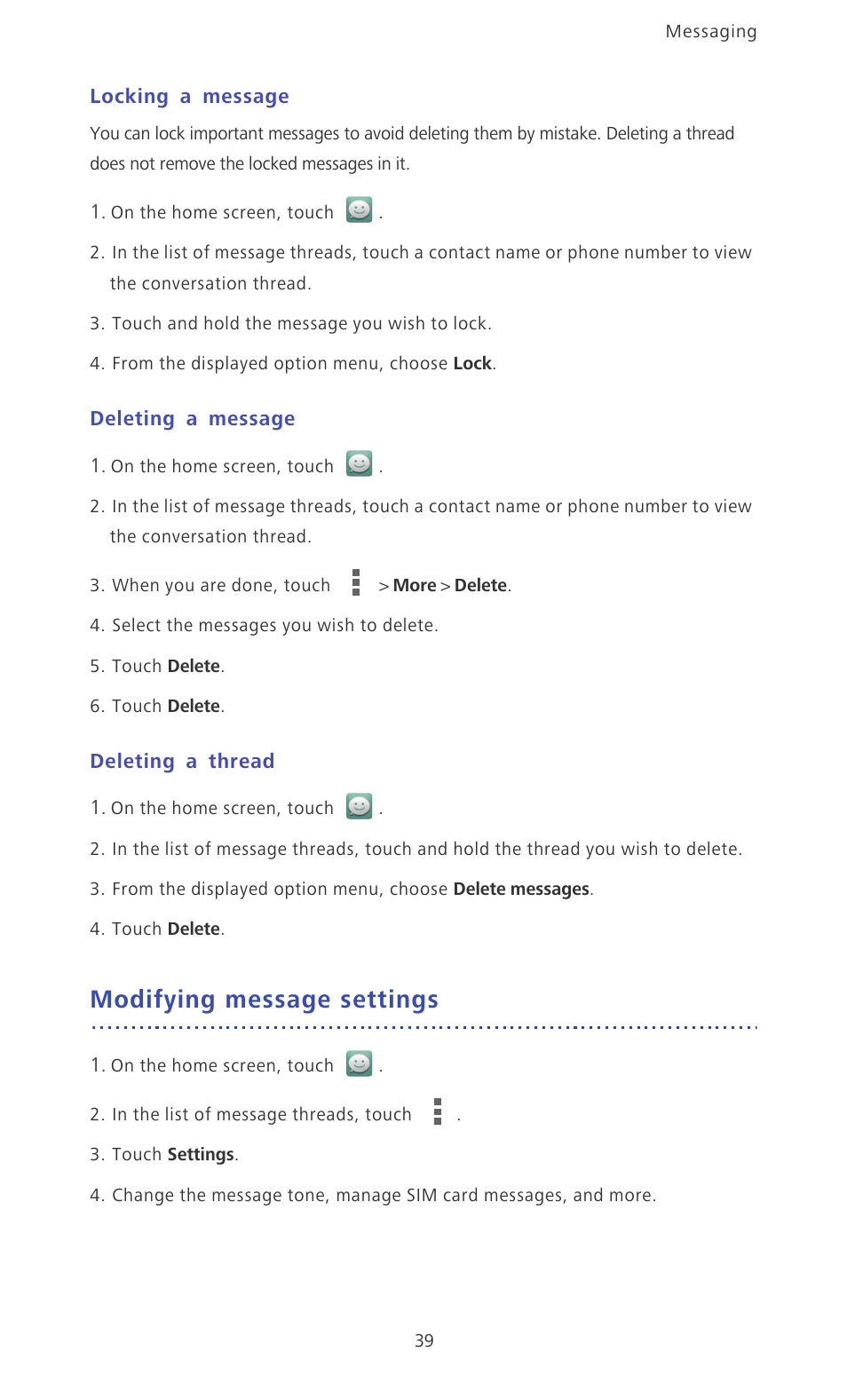 Locking a message, Deleting a message, Deleting a thread | Modifying message settings | Huawei Ascend Mate MT1-U06 User Guide User Manual | Page 44 / 105