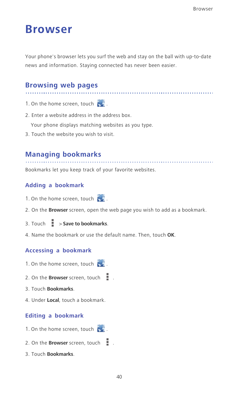 Browser, Managing bookmarks, Adding a bookmark | Accessing a bookmark, Editing a bookmark, Browsing web pages | Huawei Ascend Mate MT1-U06 User Guide User Manual | Page 45 / 105