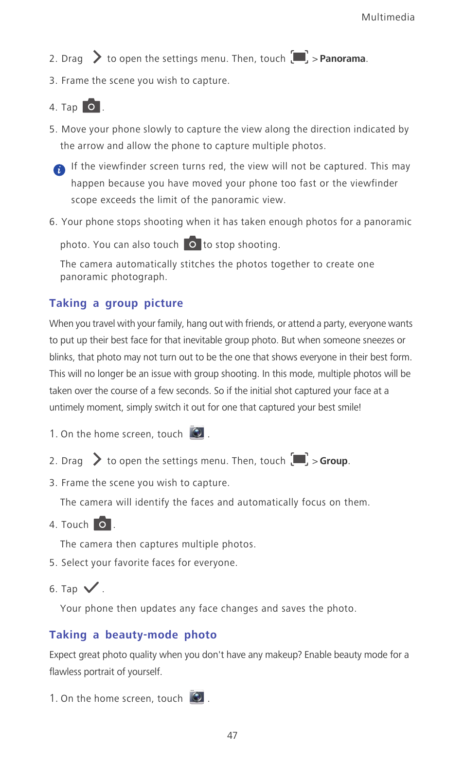 Taking a group picture, Taking a beauty-mode photo | Huawei Ascend Mate MT1-U06 User Guide User Manual | Page 52 / 105