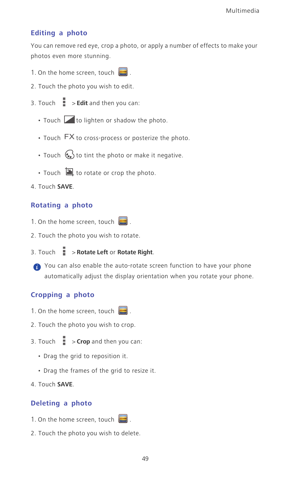 Editing a photo, Rotating a photo, Cropping a photo | Deleting a photo | Huawei Ascend Mate MT1-U06 User Guide User Manual | Page 54 / 105