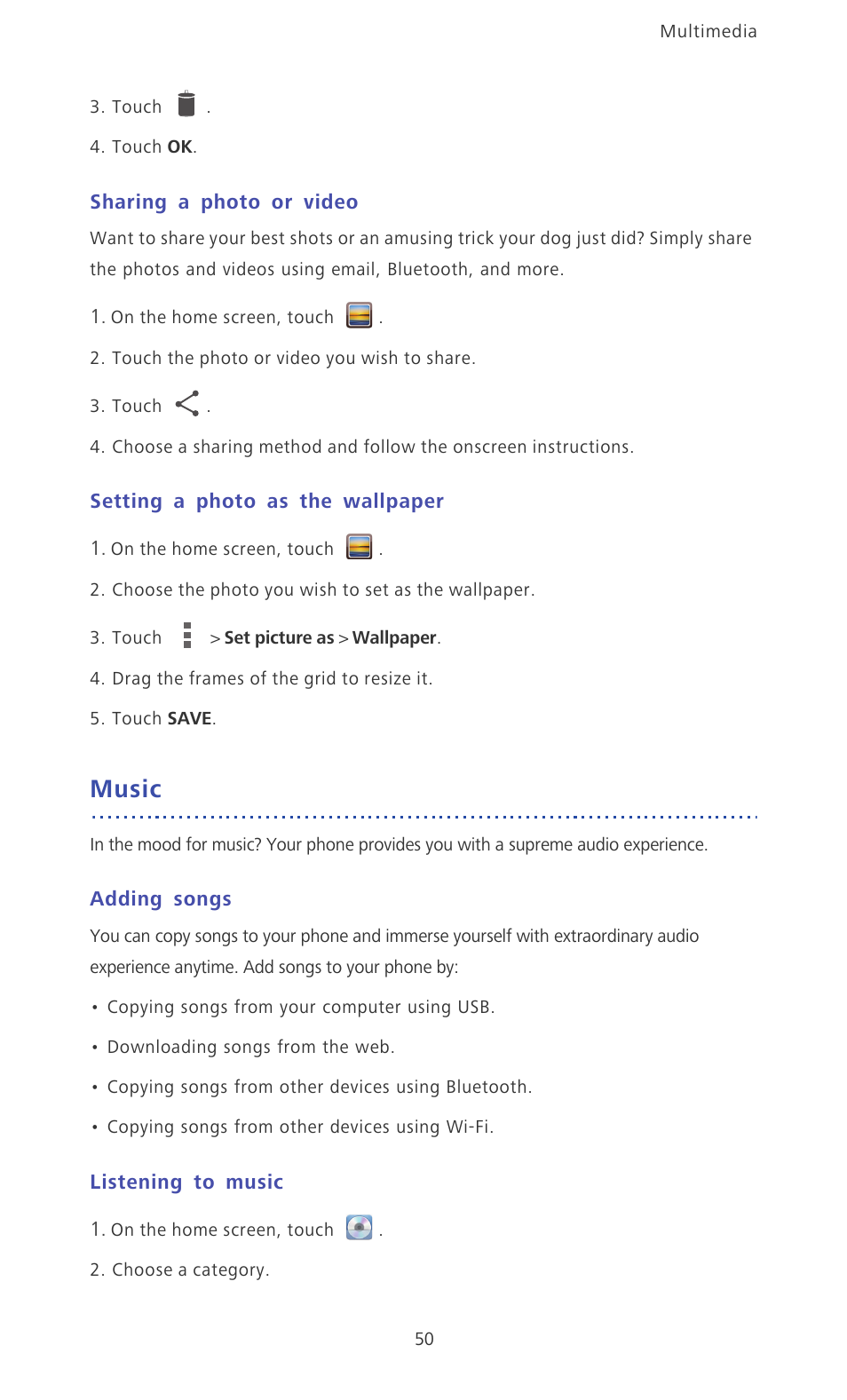 Sharing a photo or video, Setting a photo as the wallpaper, Music | Adding songs, Listening to music | Huawei Ascend Mate MT1-U06 User Guide User Manual | Page 55 / 105