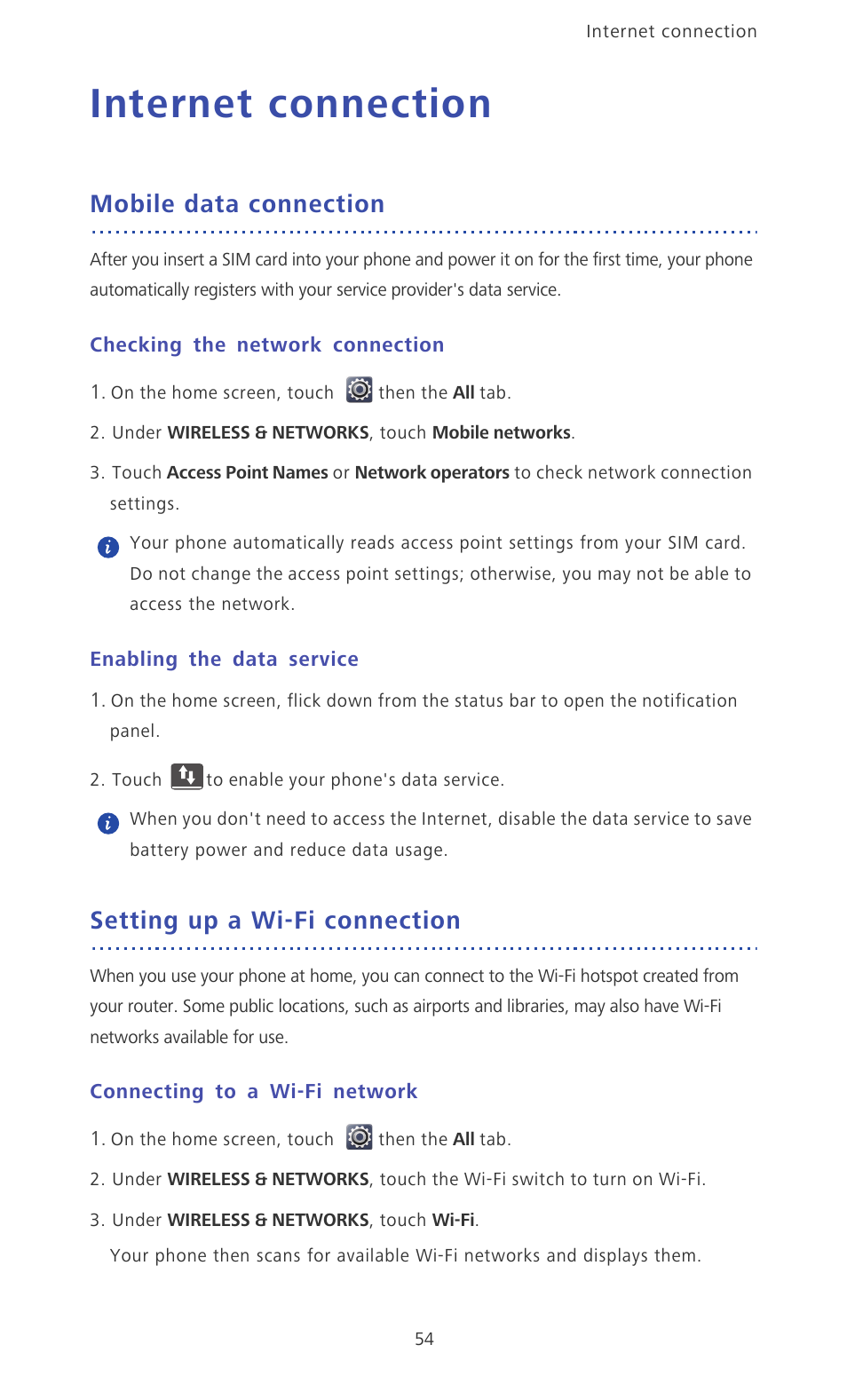 Internet connection, Mobile data connection, Checking the network connection | Enabling the data service, Setting up a wi-fi connection, Connecting to a wi-fi network | Huawei Ascend Mate MT1-U06 User Guide User Manual | Page 59 / 105