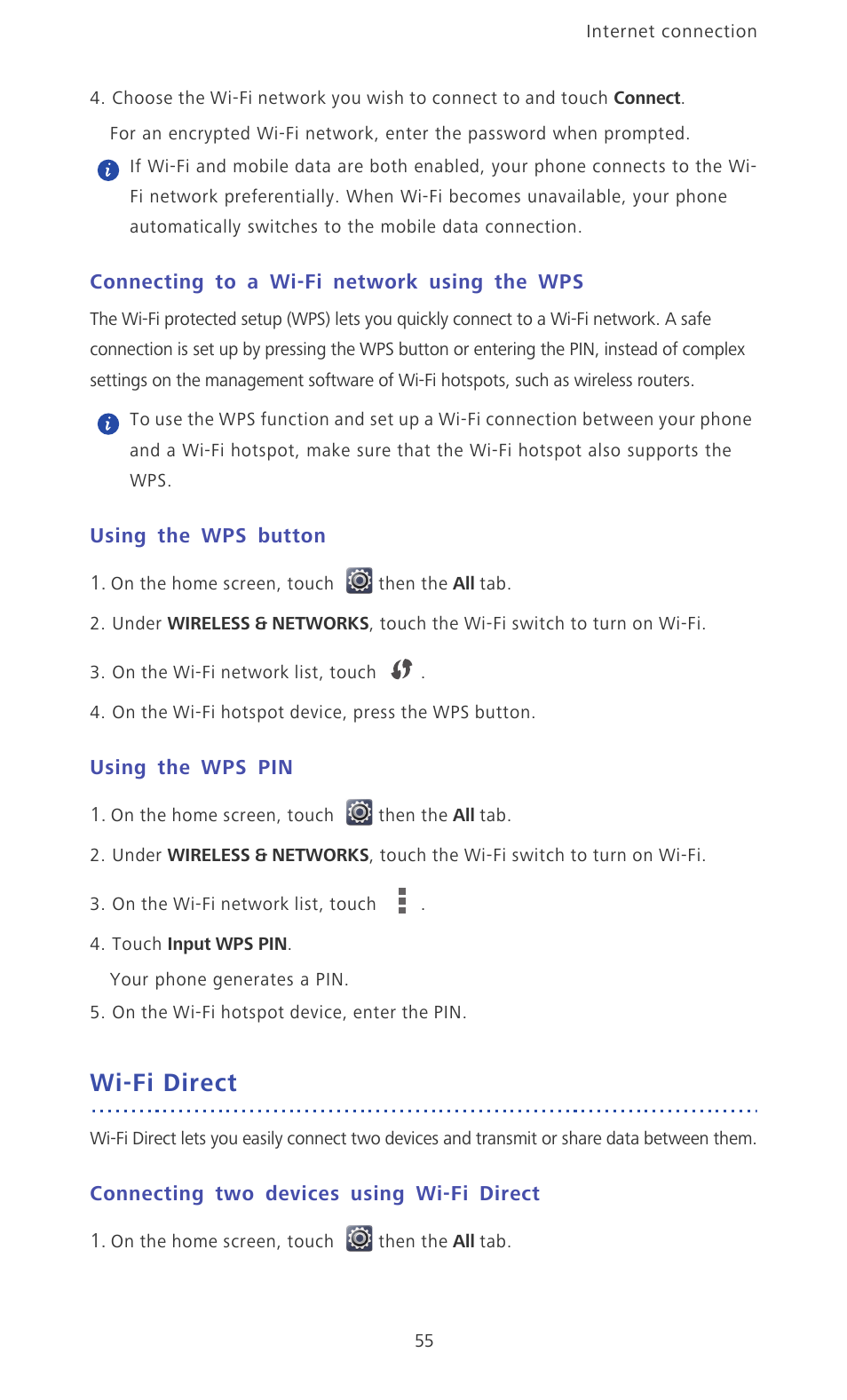 Connecting to a wi-fi network using the wps, Using the wps button, Using the wps pin | Wi-fi direct, Connecting two devices using wi-fi direct | Huawei Ascend Mate MT1-U06 User Guide User Manual | Page 60 / 105