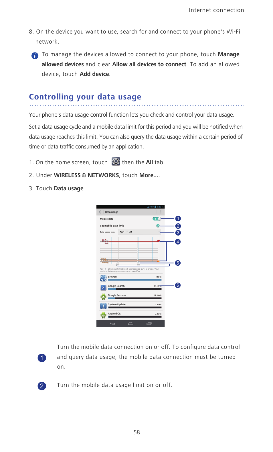 Controlling your data usage | Huawei Ascend Mate MT1-U06 User Guide User Manual | Page 63 / 105