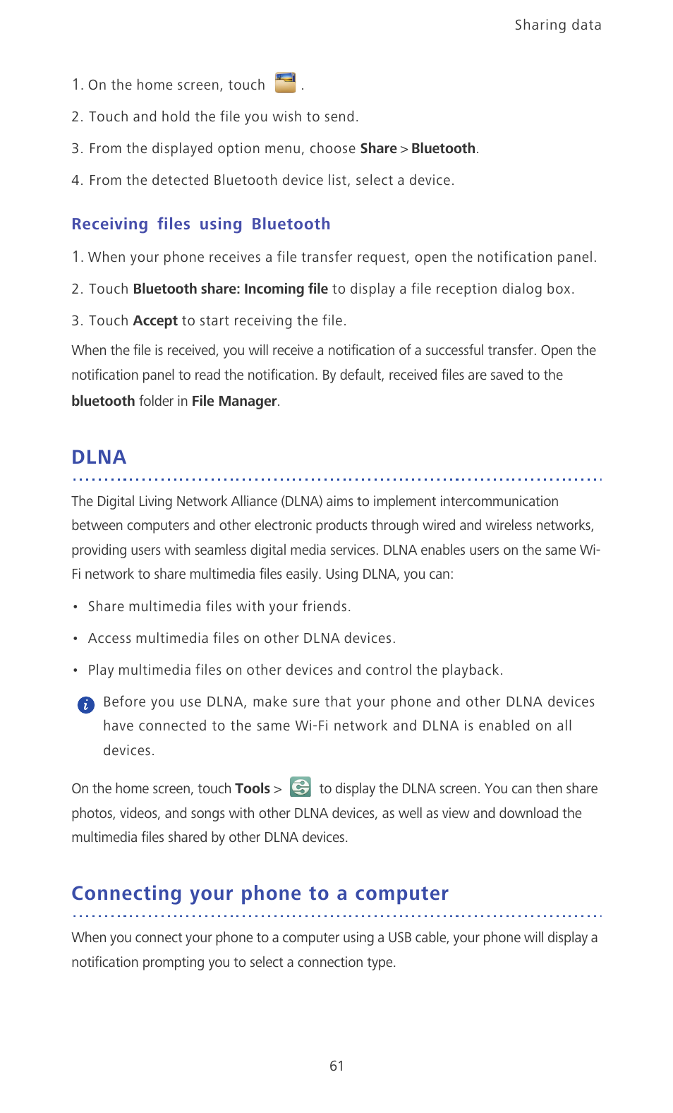 Receiving files using bluetooth, Dlna, Connecting your phone to a computer | Huawei Ascend Mate MT1-U06 User Guide User Manual | Page 66 / 105