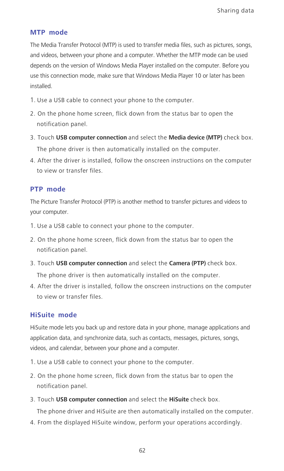 Mtp mode, Ptp mode, Hisuite mode | Huawei Ascend Mate MT1-U06 User Guide User Manual | Page 67 / 105