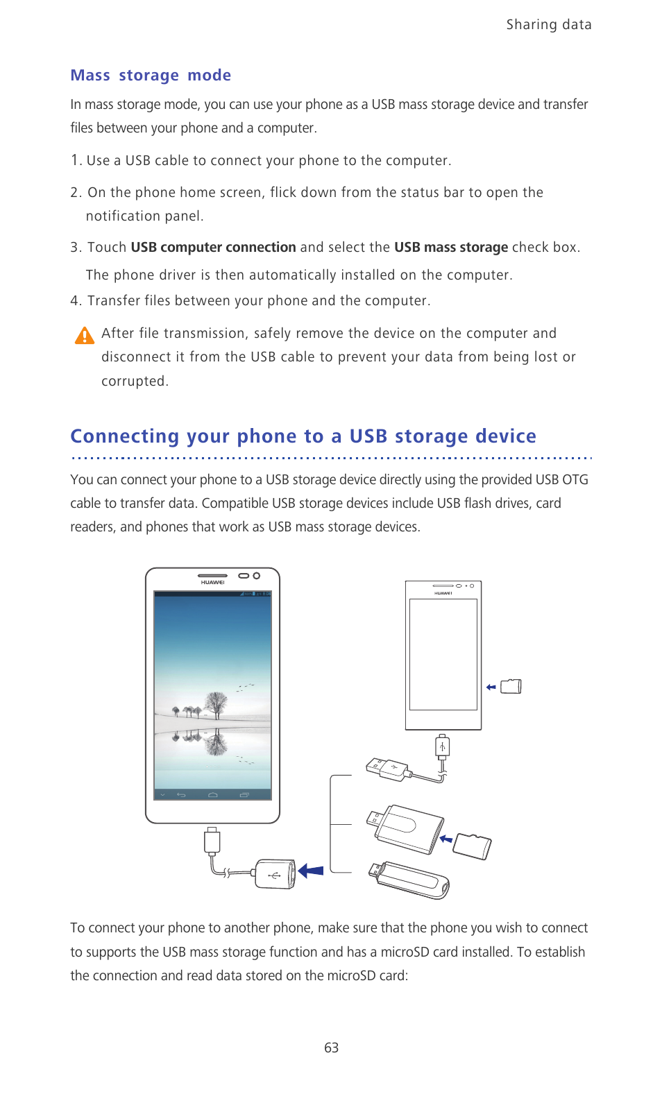 Mass storage mode, Connecting your phone to a usb storage device | Huawei Ascend Mate MT1-U06 User Guide User Manual | Page 68 / 105