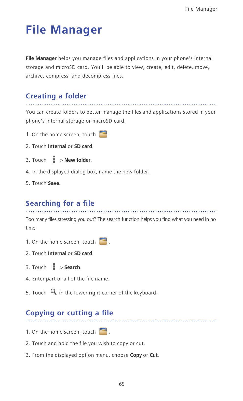 File manager, Creating a folder, Searching for a file | Copying or cutting a file | Huawei Ascend Mate MT1-U06 User Guide User Manual | Page 70 / 105