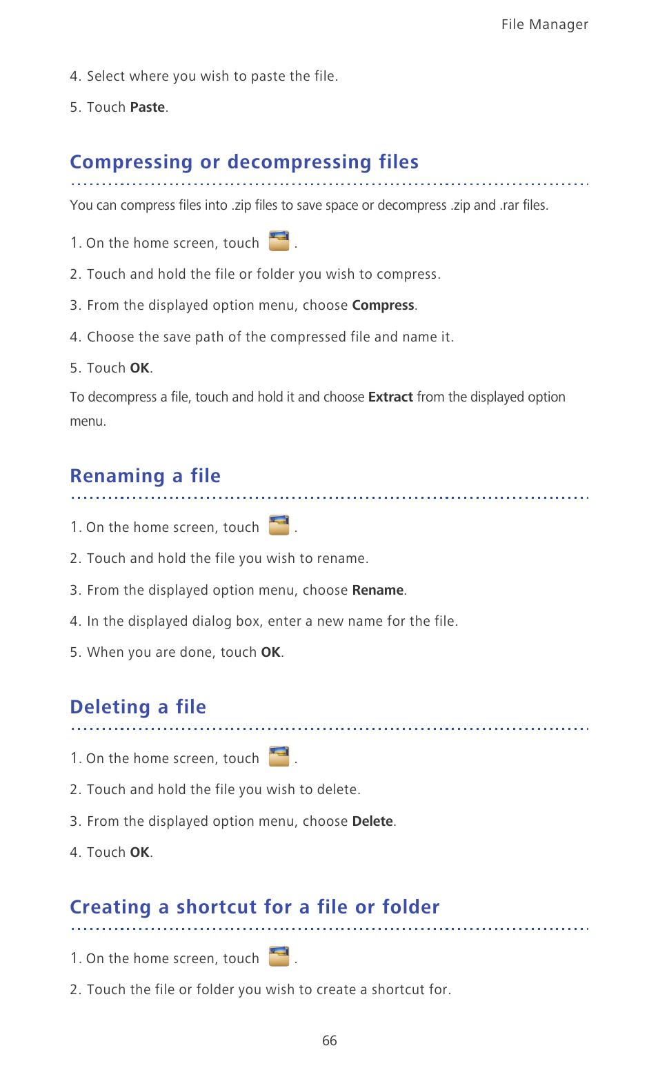 Compressing or decompressing files, Renaming a file, Deleting a file | Creating a shortcut for a file or folder | Huawei Ascend Mate MT1-U06 User Guide User Manual | Page 71 / 105