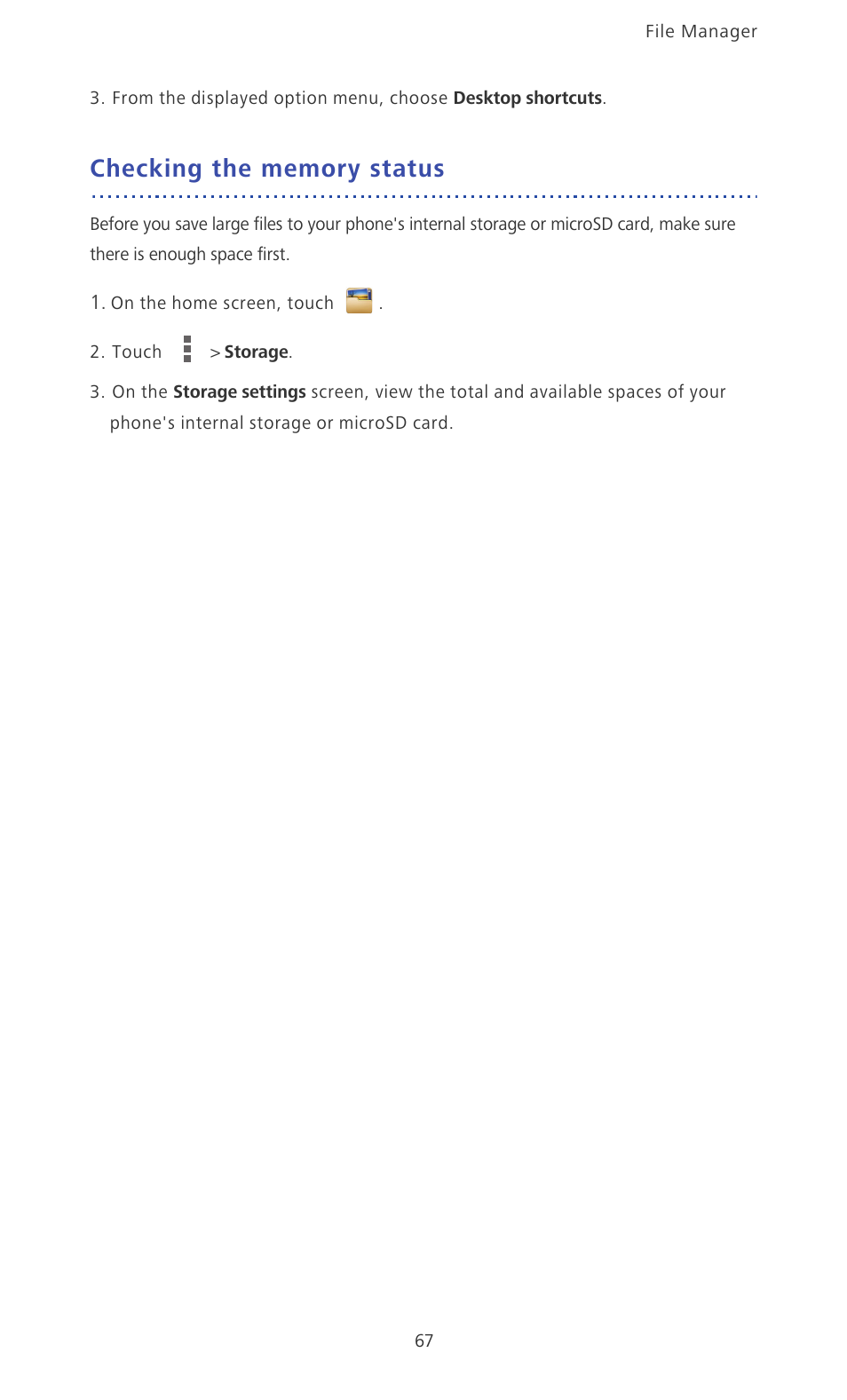 Checking the memory status | Huawei Ascend Mate MT1-U06 User Guide User Manual | Page 72 / 105