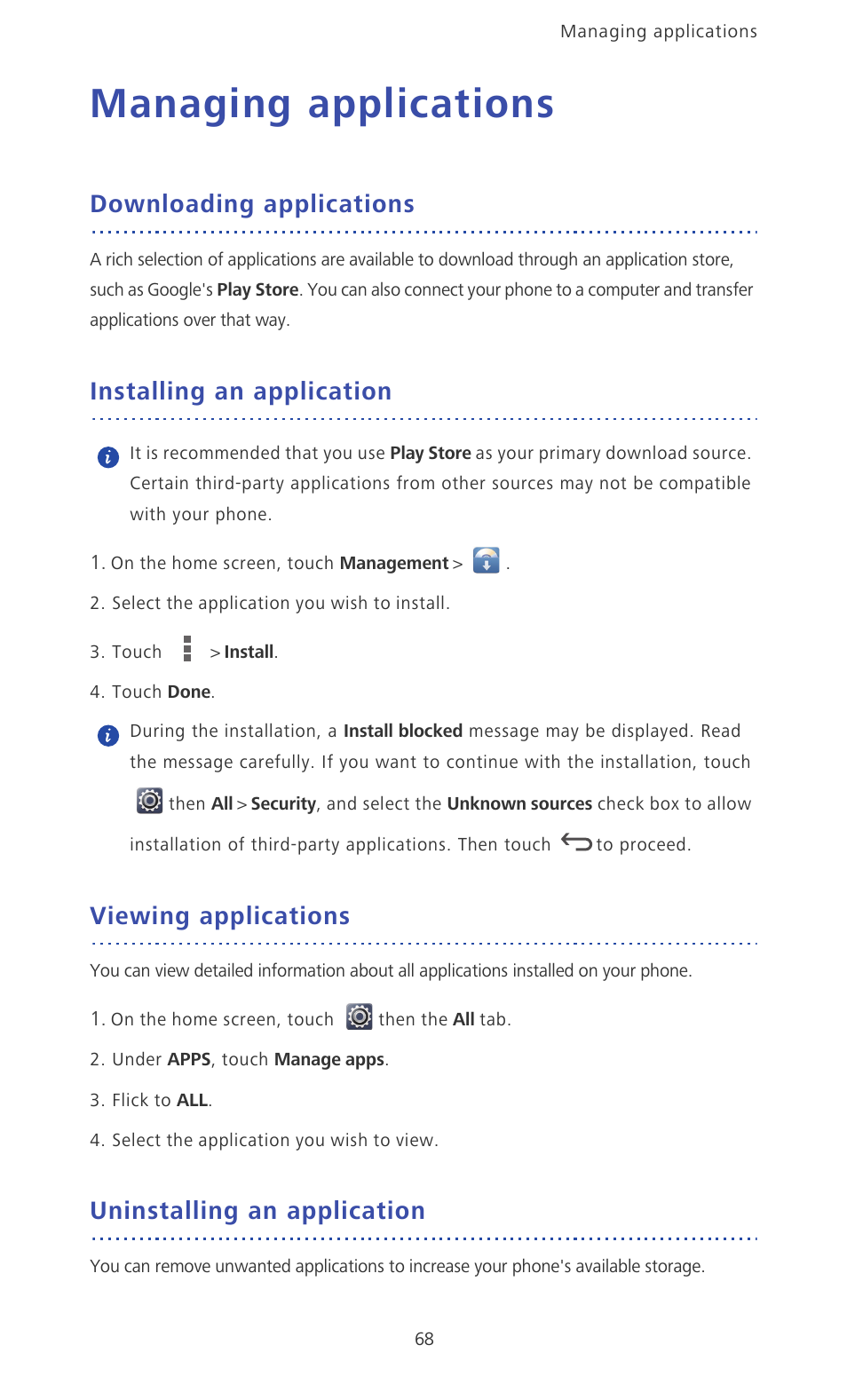 Managing applications, Downloading applications, Installing an application | Viewing applications, Uninstalling an application | Huawei Ascend Mate MT1-U06 User Guide User Manual | Page 73 / 105