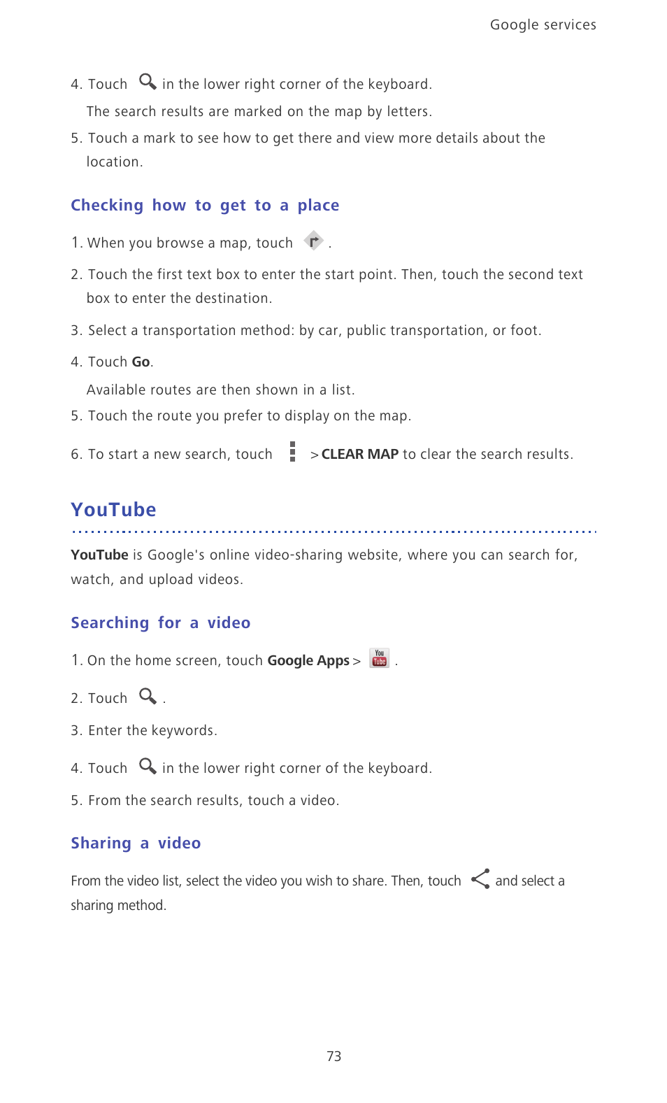 Checking how to get to a place, Youtube, Searching for a video | Sharing a video | Huawei Ascend Mate MT1-U06 User Guide User Manual | Page 78 / 105