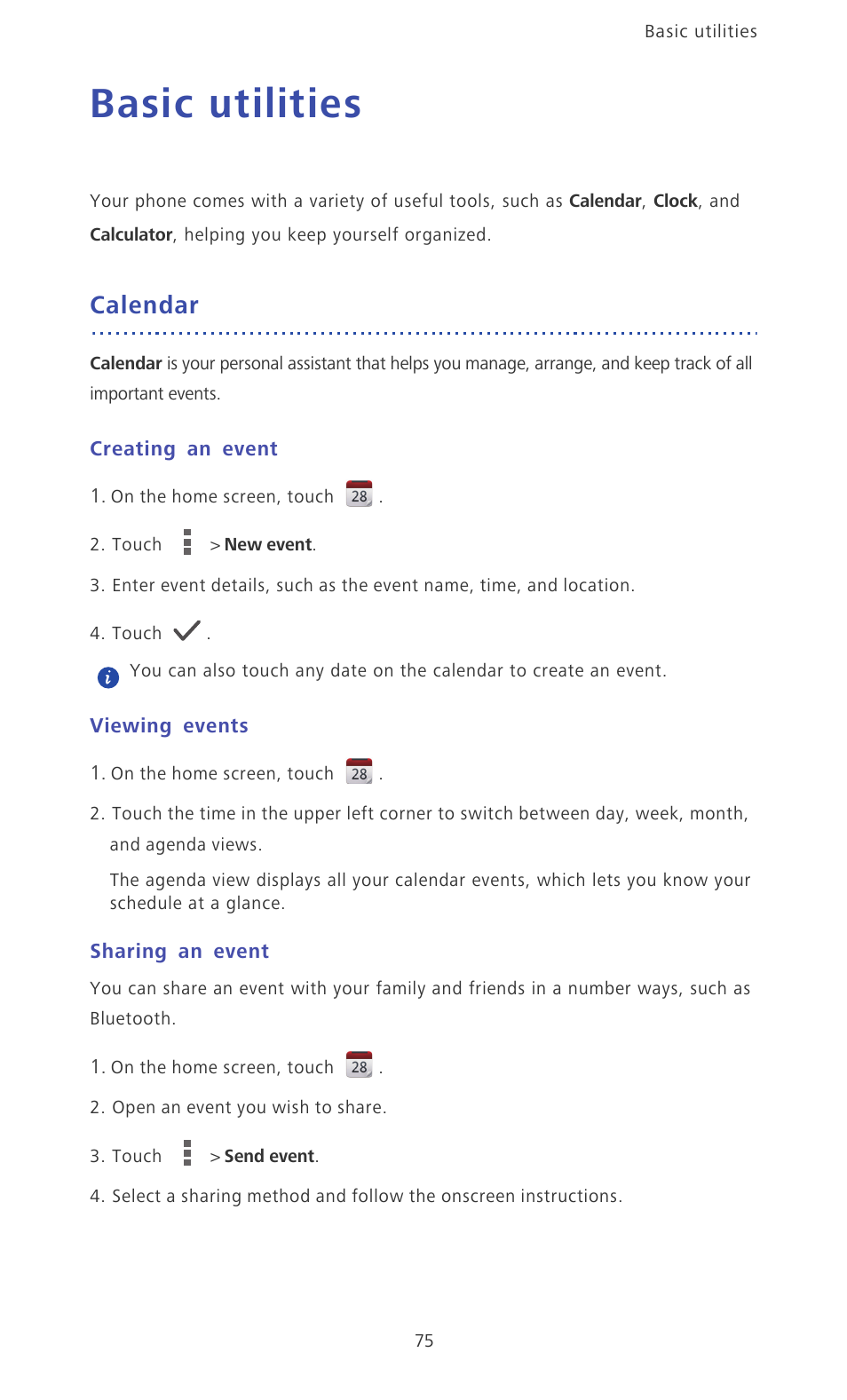 Basic utilities, Calendar, Creating an event | Viewing events, Sharing an event | Huawei Ascend Mate MT1-U06 User Guide User Manual | Page 80 / 105