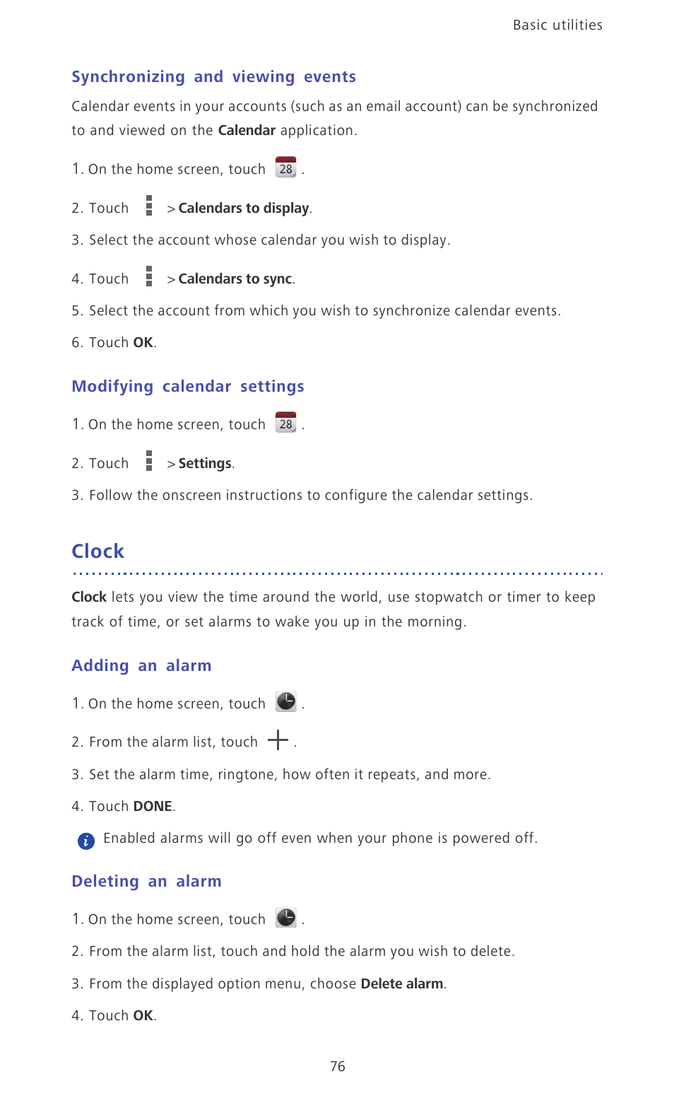 Synchronizing and viewing events, Modifying calendar settings, Clock | Adding an alarm, Deleting an alarm | Huawei Ascend Mate MT1-U06 User Guide User Manual | Page 81 / 105
