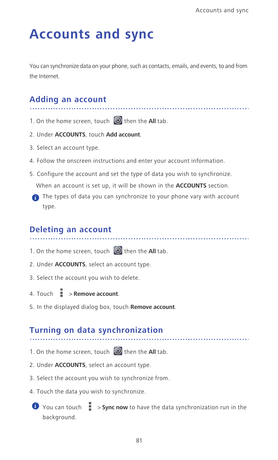 Accounts and sync, Adding an account, Deleting an account | Turning on data synchronization | Huawei Ascend Mate MT1-U06 User Guide User Manual | Page 86 / 105