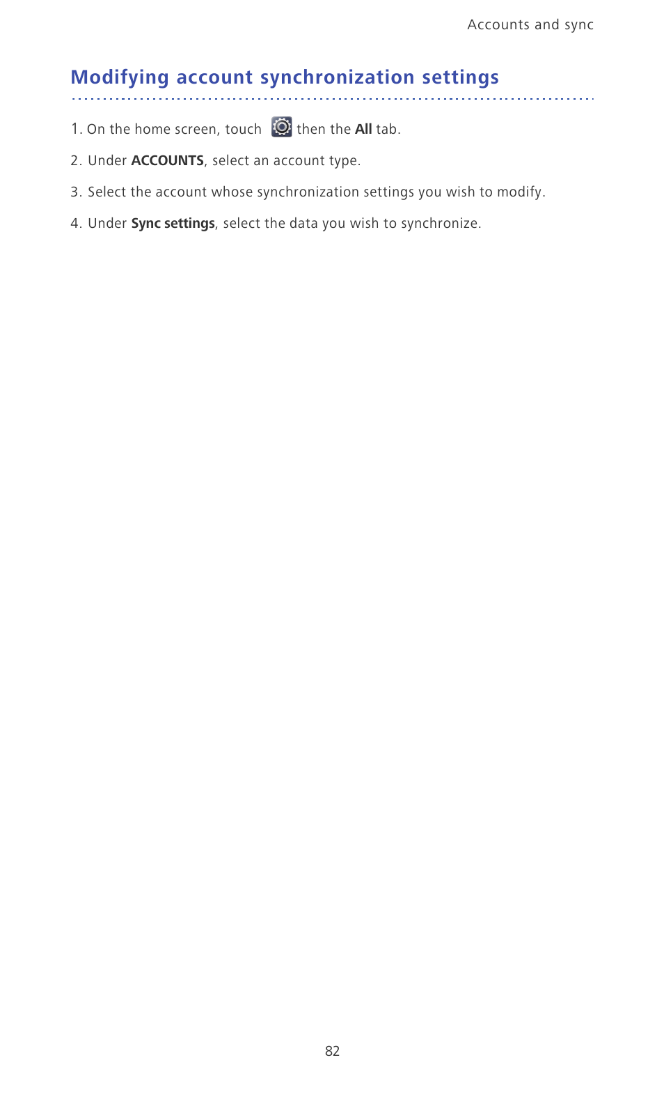 Modifying account synchronization settings | Huawei Ascend Mate MT1-U06 User Guide User Manual | Page 87 / 105