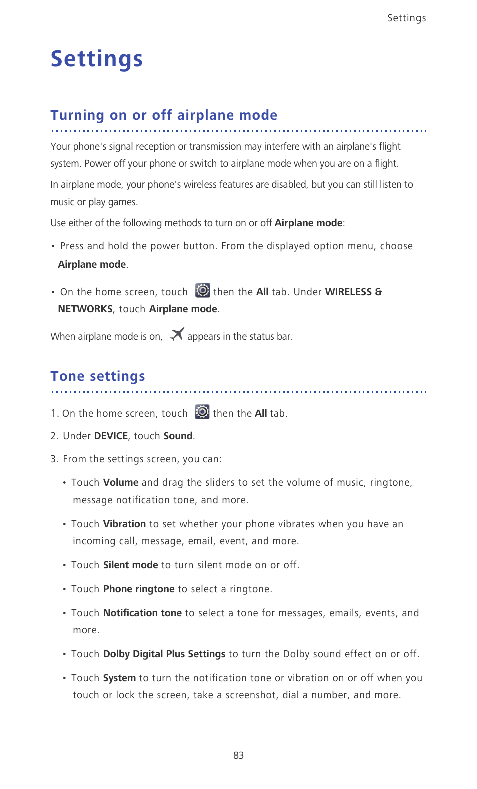 Settings, Turning on or off airplane mode, Tone settings | Huawei Ascend Mate MT1-U06 User Guide User Manual | Page 88 / 105