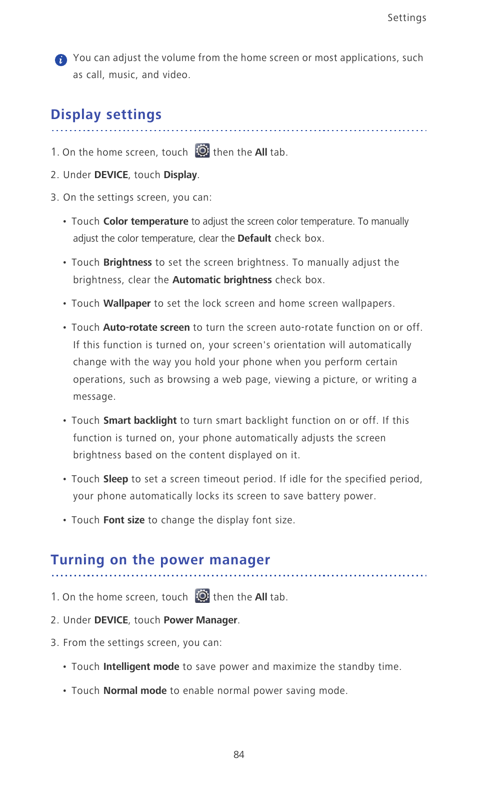Display settings, Turning on the power manager | Huawei Ascend Mate MT1-U06 User Guide User Manual | Page 89 / 105