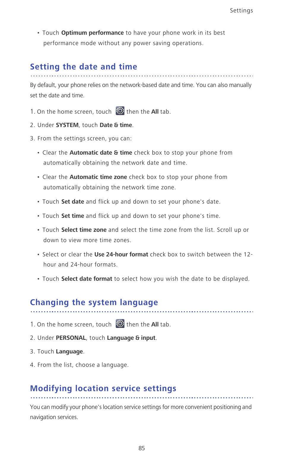 Setting the date and time, Changing the system language, Modifying location service settings | Huawei Ascend Mate MT1-U06 User Guide User Manual | Page 90 / 105
