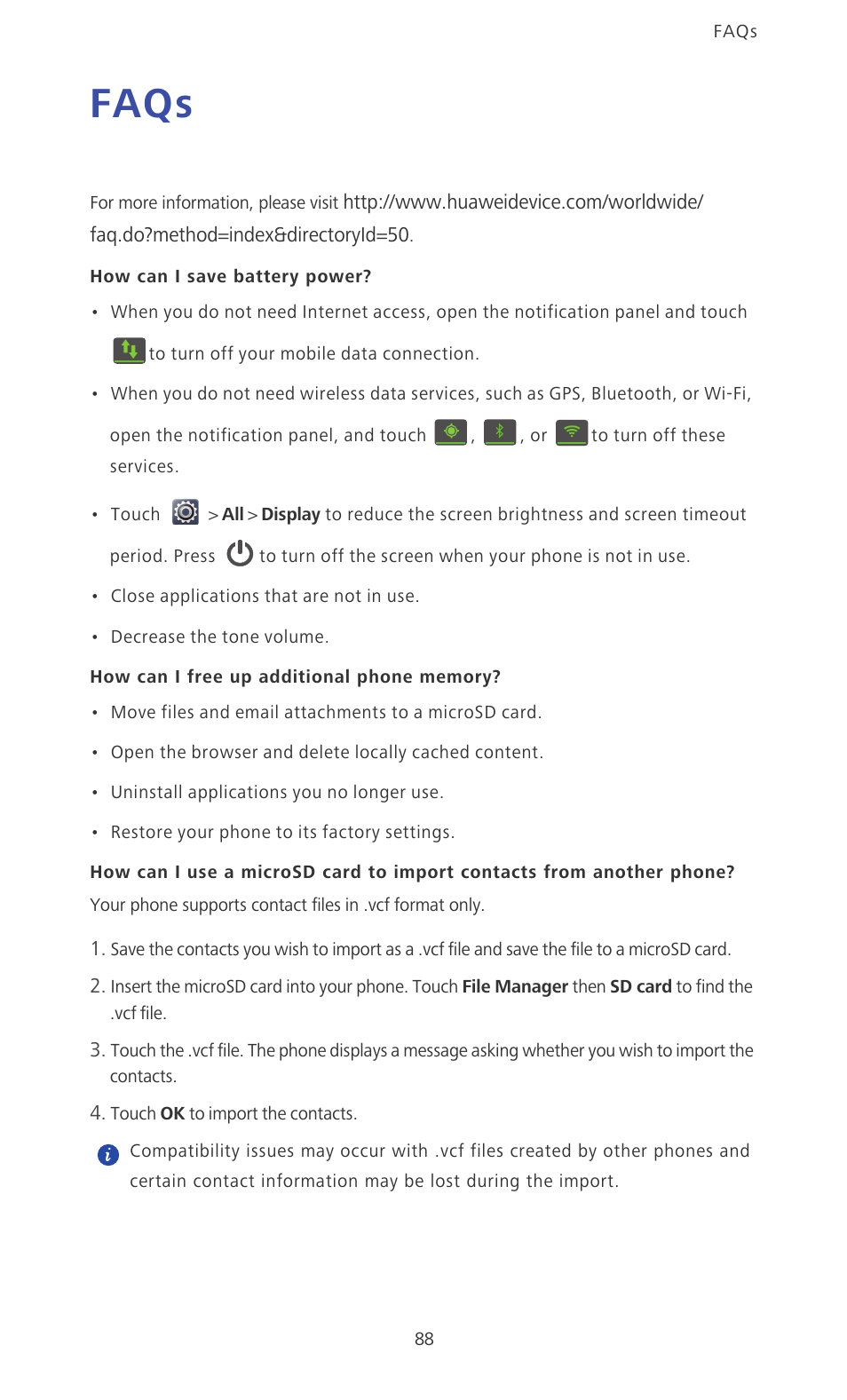 Faqs, How can i save battery power, How can i free up additional phone memory | Huawei Ascend Mate MT1-U06 User Guide User Manual | Page 93 / 105
