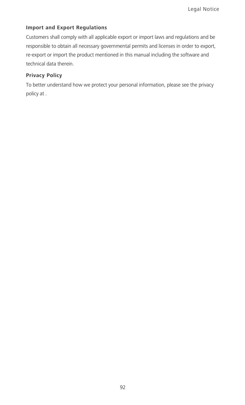 Import and export regulations, Privacy policy | Huawei Ascend Mate MT1-U06 User Guide User Manual | Page 97 / 105