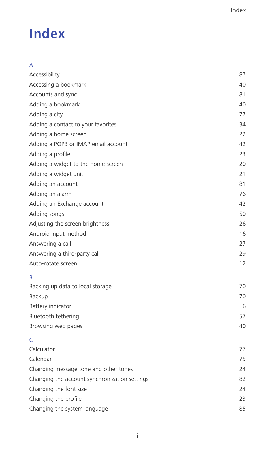 Index | Huawei Ascend Mate MT1-U06 User Guide User Manual | Page 98 / 105