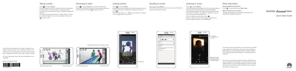 Mate huawei, More information, Sending an email | Taking a photo, Viewing photos, Listening to music, Recording a video, Quick start guide | Huawei Ascend Mate MT1-U06 Quick Start User Manual | Page 2 / 2