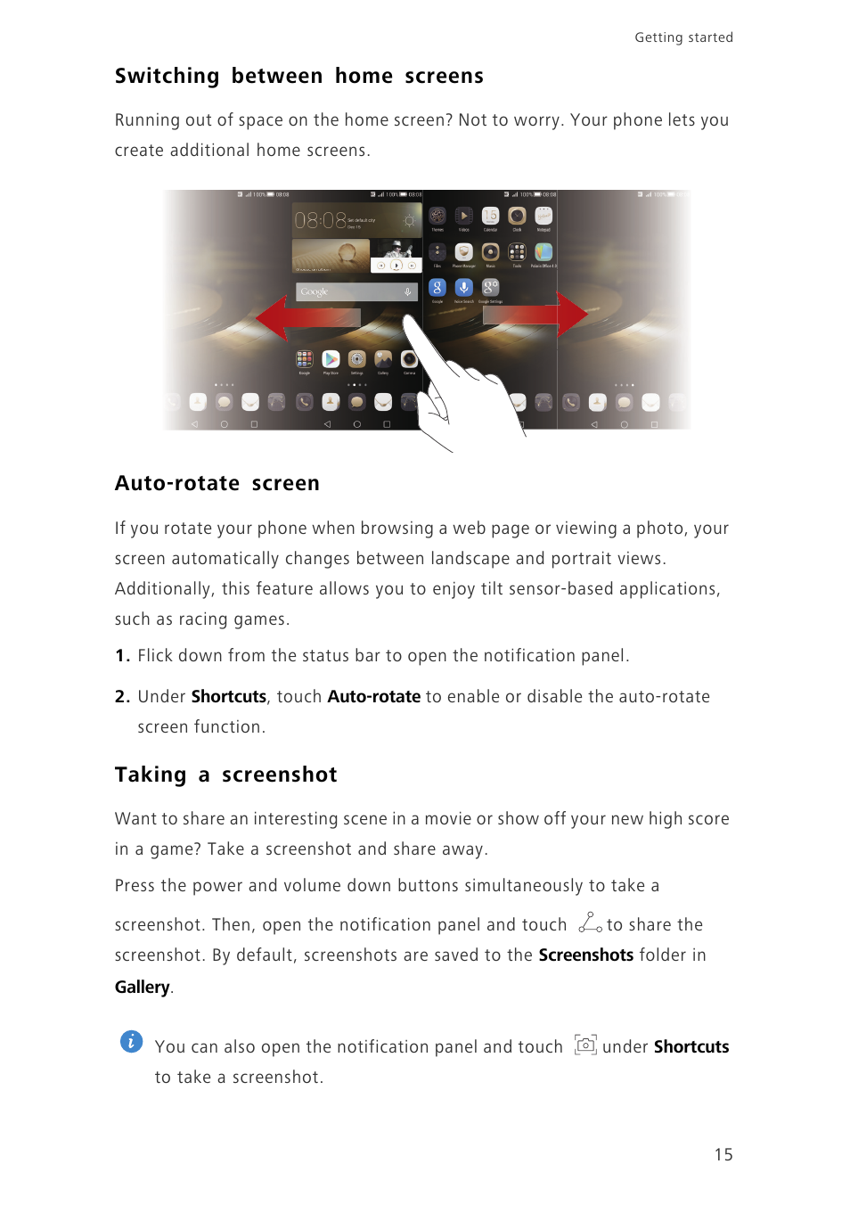 Switching between home screens, Auto-rotate screen, Taking a screenshot | Huawei Ascend Mate7 MT7-L09 User Manual | Page 19 / 87