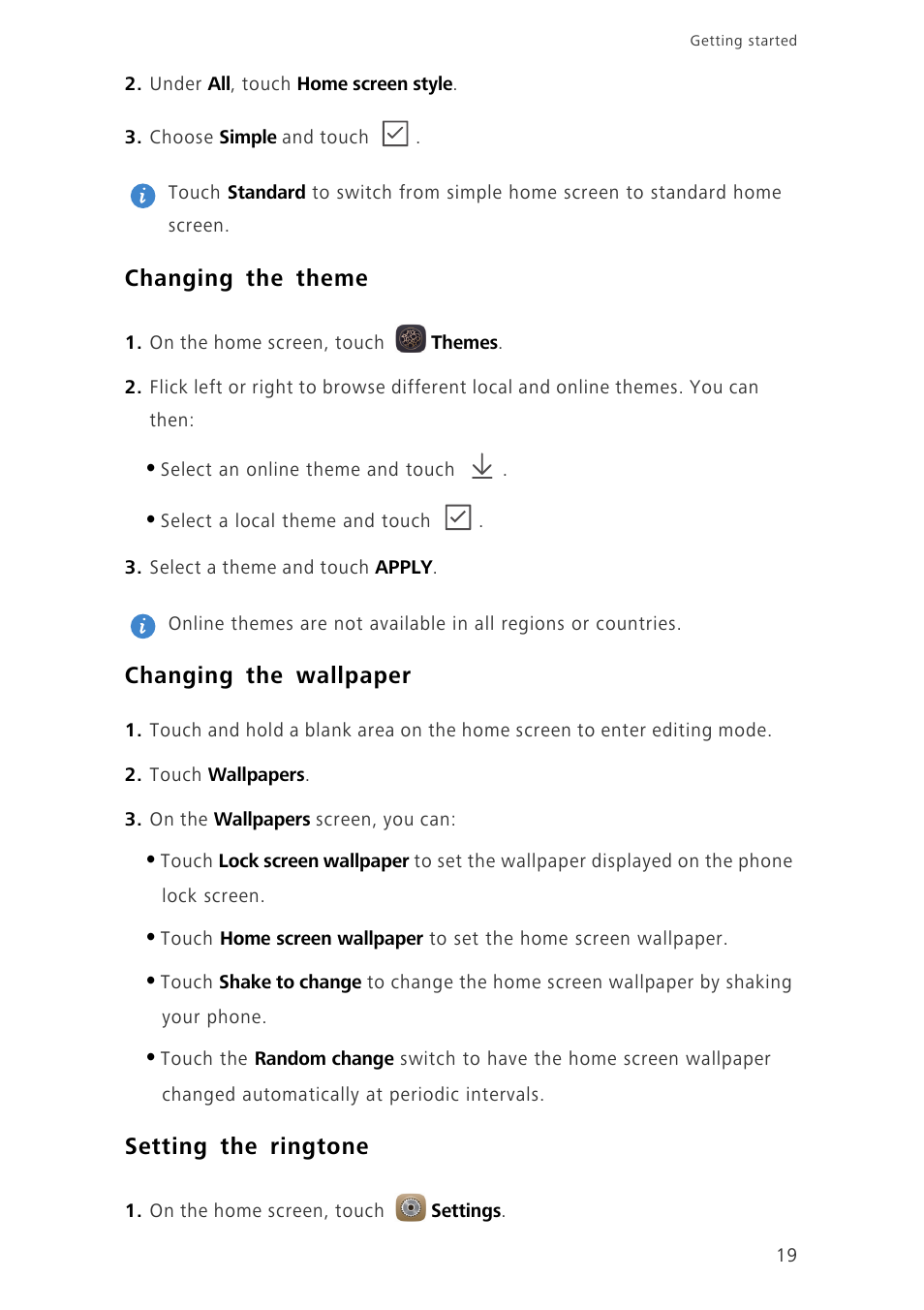 Changing the theme, Changing the wallpaper, Setting the ringtone | Huawei Ascend Mate7 MT7-L09 User Manual | Page 23 / 87