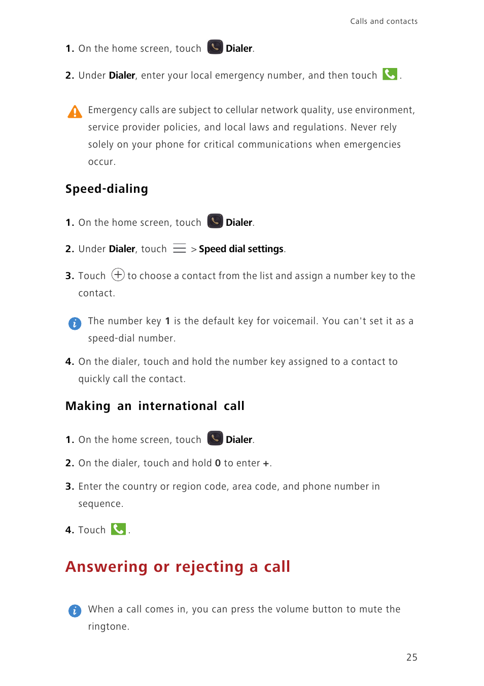 Speed-dialing, Making an international call, Answering or rejecting a call | Huawei Ascend Mate7 MT7-L09 User Manual | Page 29 / 87