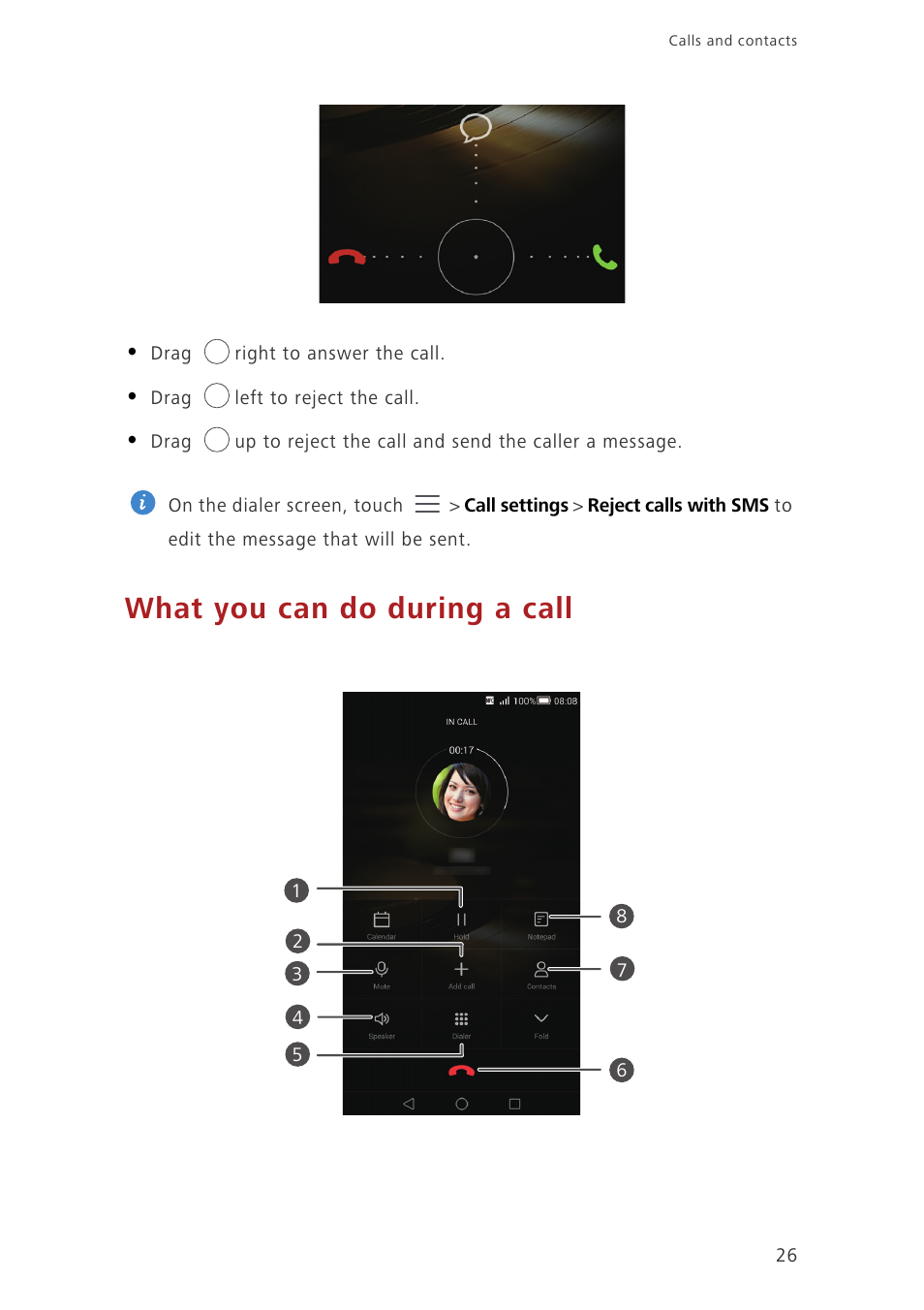 What you can do during a call | Huawei Ascend Mate7 MT7-L09 User Manual | Page 30 / 87