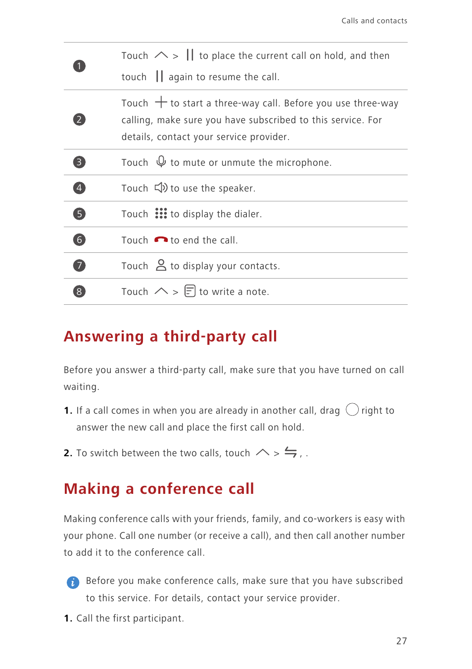 Answering a third-party call, Making a conference call | Huawei Ascend Mate7 MT7-L09 User Manual | Page 31 / 87