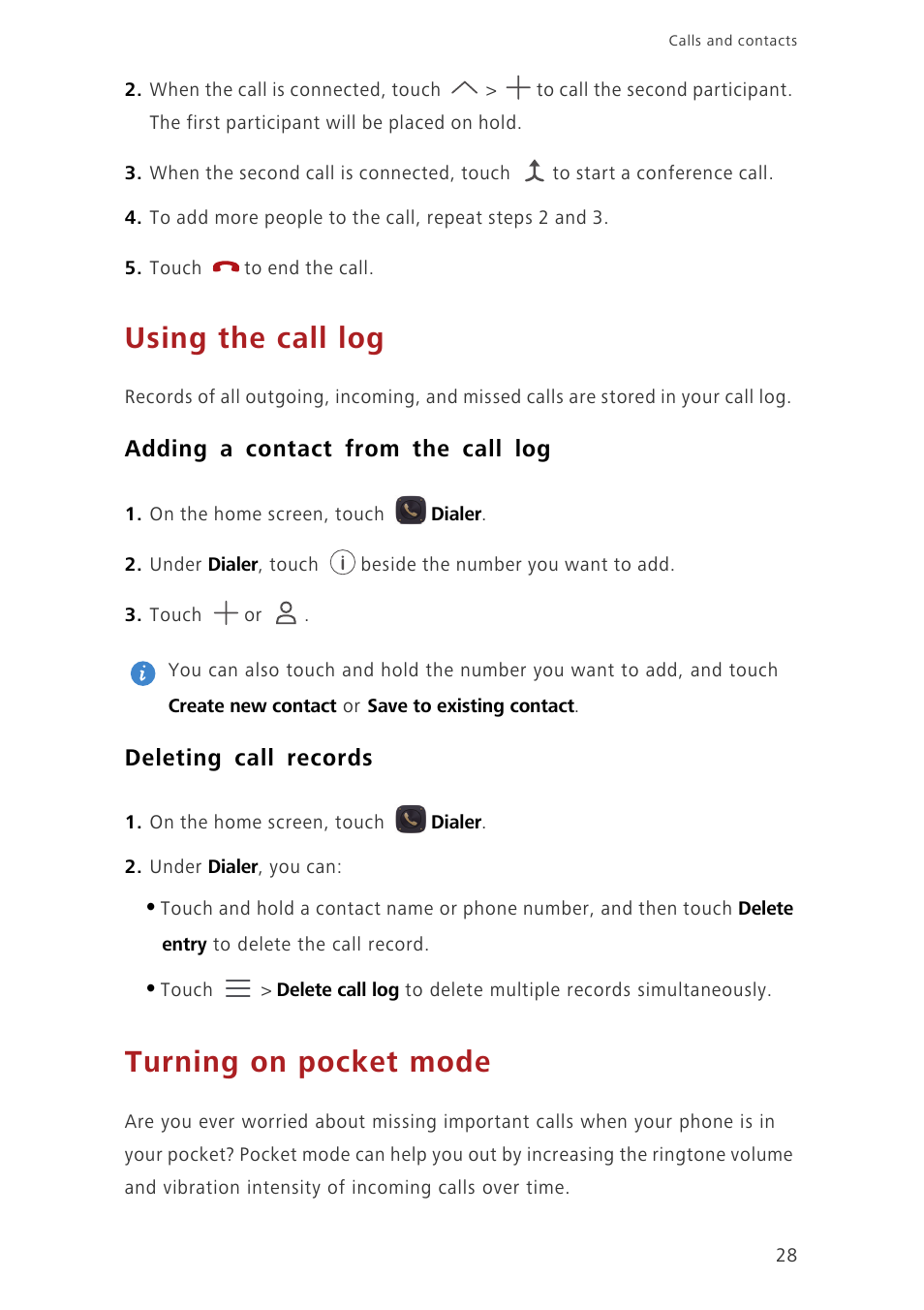 Using the call log, Adding a contact from the call log, Deleting call records | Turning on pocket mode | Huawei Ascend Mate7 MT7-L09 User Manual | Page 32 / 87