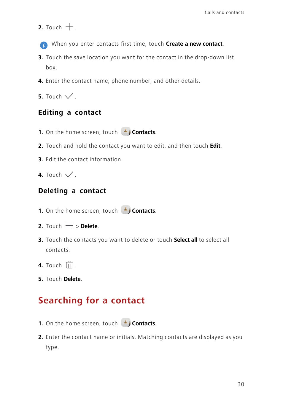 Editing a contact, Deleting a contact, Searching for a contact | Huawei Ascend Mate7 MT7-L09 User Manual | Page 34 / 87