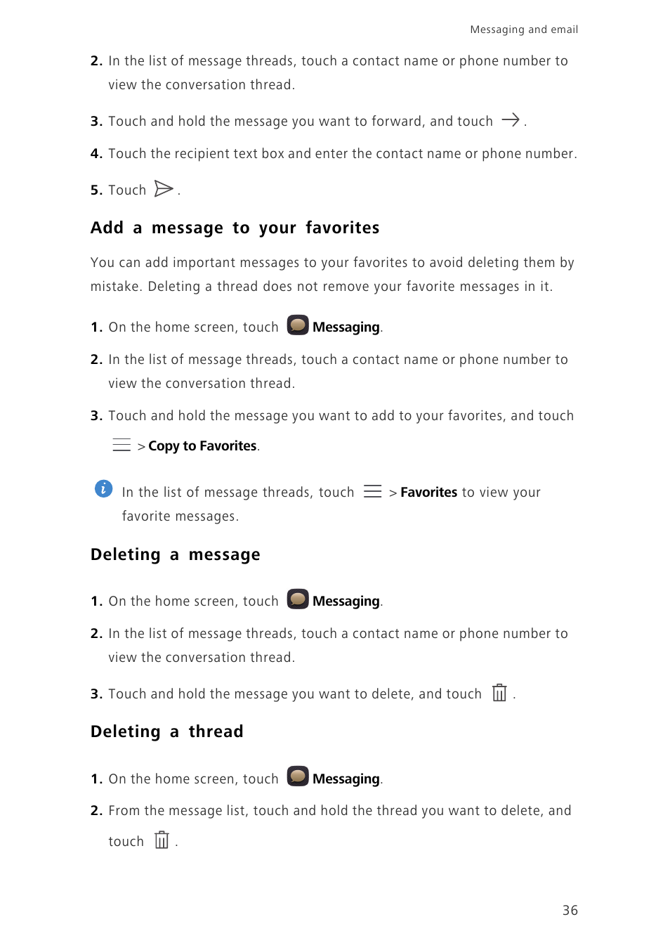 Add a message to your favorites, Deleting a message, Deleting a thread | Huawei Ascend Mate7 MT7-L09 User Manual | Page 40 / 87