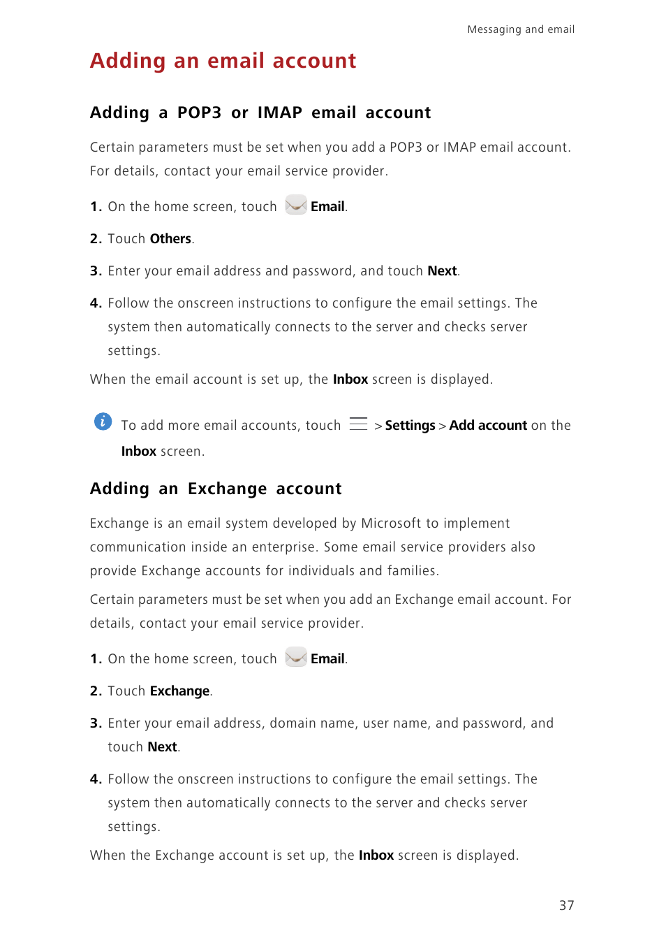 Adding an email account, Adding a pop3 or imap email account, Adding an exchange account | Huawei Ascend Mate7 MT7-L09 User Manual | Page 41 / 87