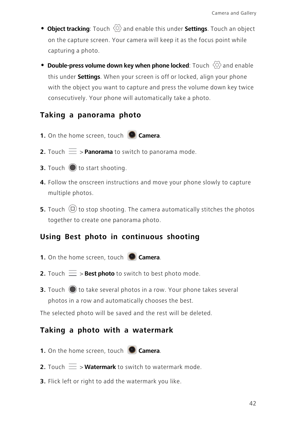Taking a panorama photo, Using best photo in continuous shooting, Taking a photo with a watermark | Huawei Ascend Mate7 MT7-L09 User Manual | Page 46 / 87
