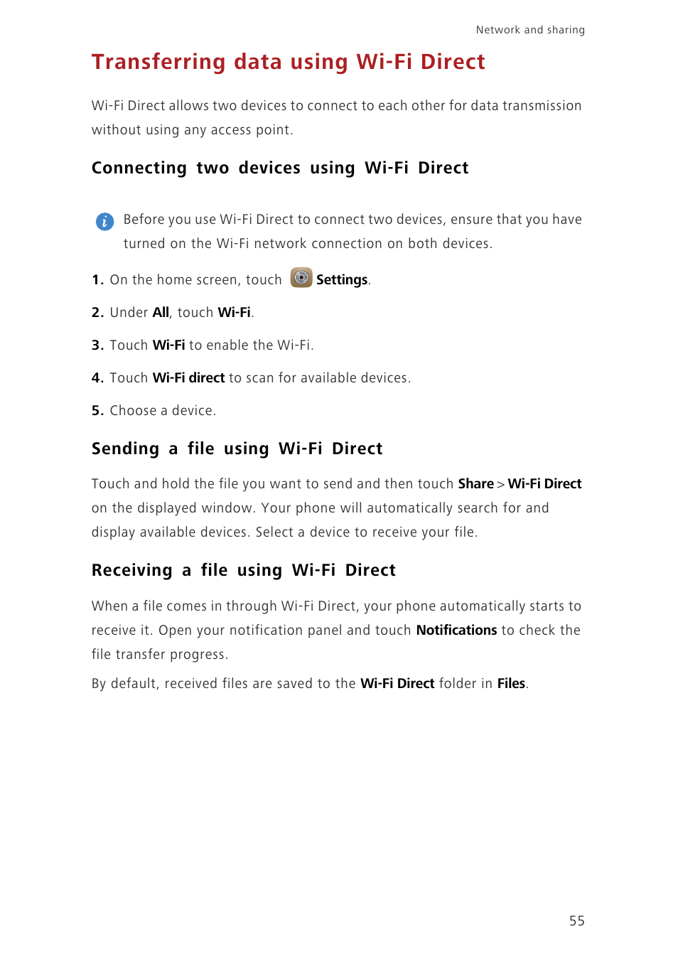 Transferring data using wi-fi direct, Connecting two devices using wi-fi direct, Sending a file using wi-fi direct | Receiving a file using wi-fi direct | Huawei Ascend Mate7 MT7-L09 User Manual | Page 59 / 87