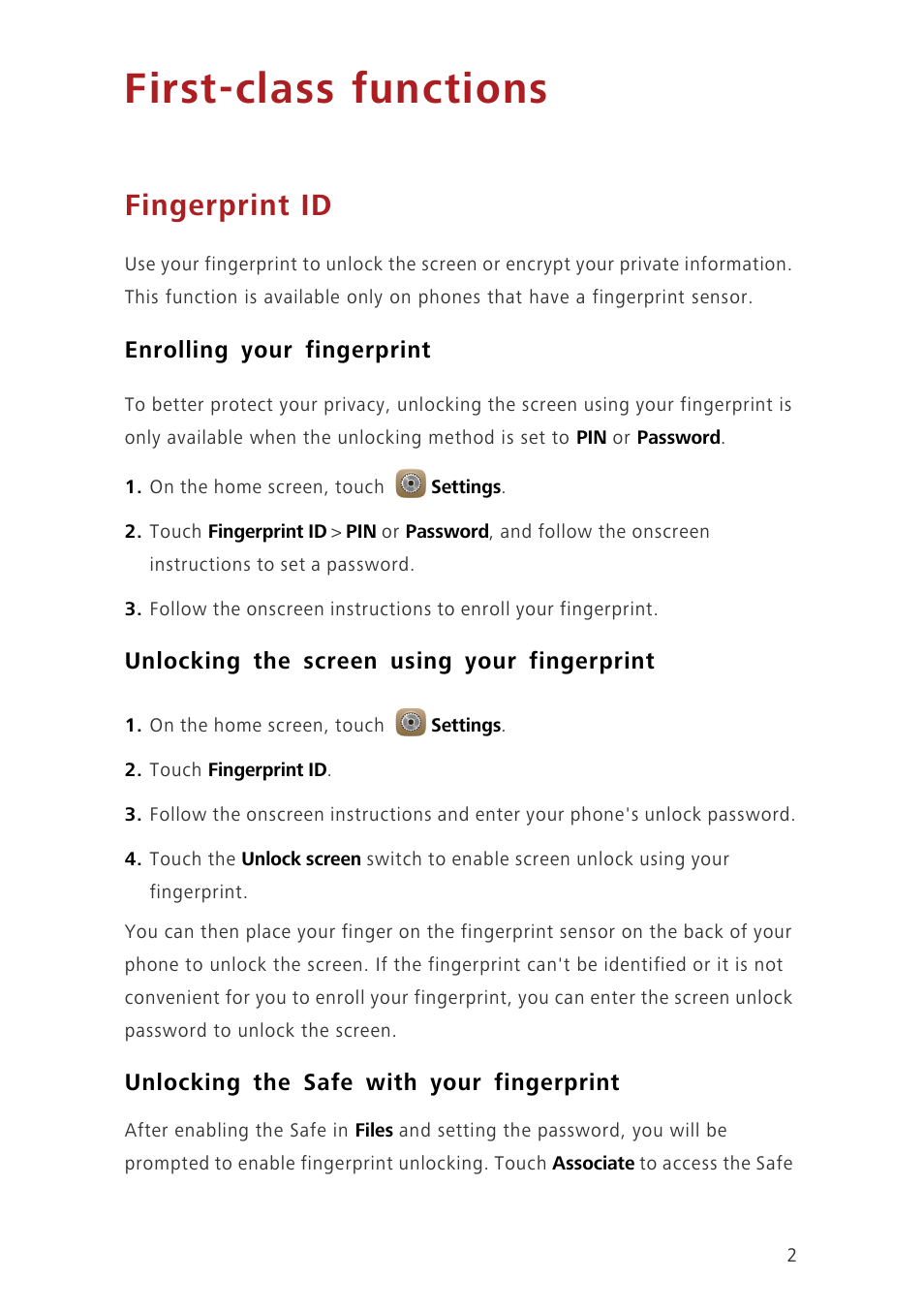 First-class functions, Fingerprint id, Enrolling your fingerprint | Unlocking the screen using your fingerprint, Unlocking the safe with your fingerprint | Huawei Ascend Mate7 MT7-L09 User Manual | Page 6 / 87