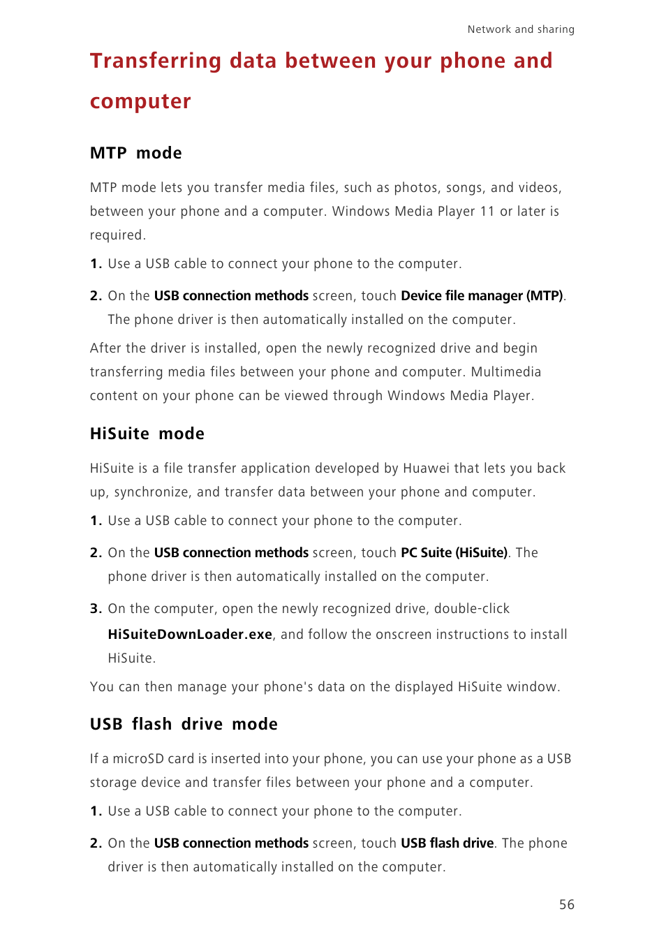 Transferring data between your phone and computer, Mtp mode, Hisuite mode | Usb flash drive mode | Huawei Ascend Mate7 MT7-L09 User Manual | Page 60 / 87