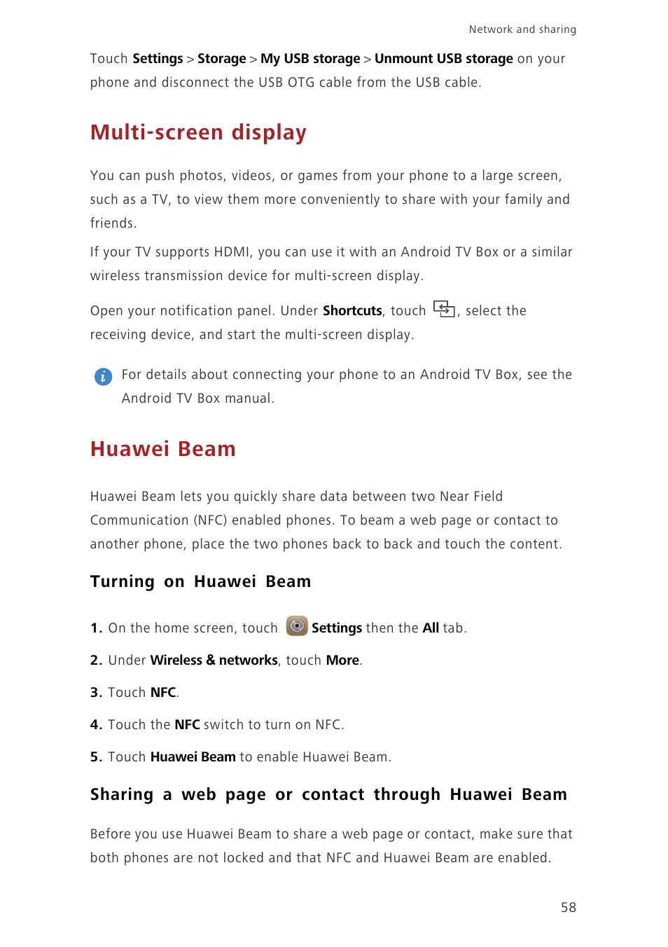 Multi-screen display, Huawei beam, Turning on huawei beam | Sharing a web page or contact through huawei beam | Huawei Ascend Mate7 MT7-L09 User Manual | Page 62 / 87